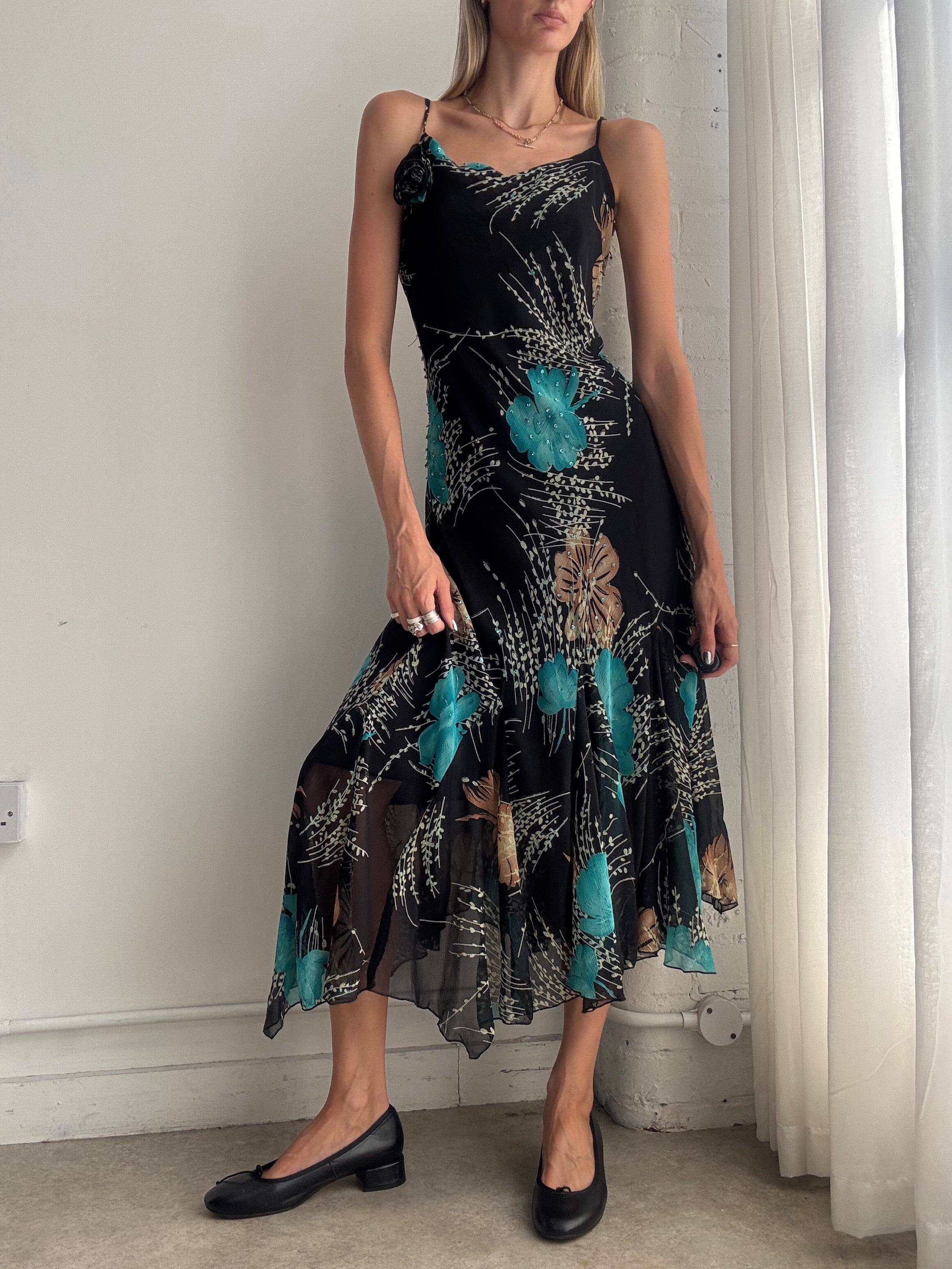 Vintage Y2K Black & Turquoise Floral Mesh Midi Slip Dress – Size M/L