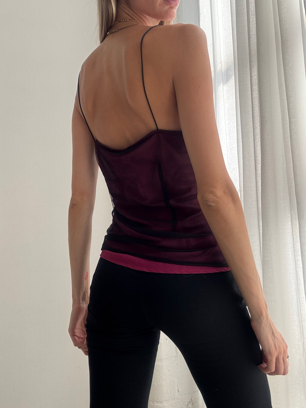 Vintage Y2K Burgundy Sheer Lace Sequin Cami Top - Size L
