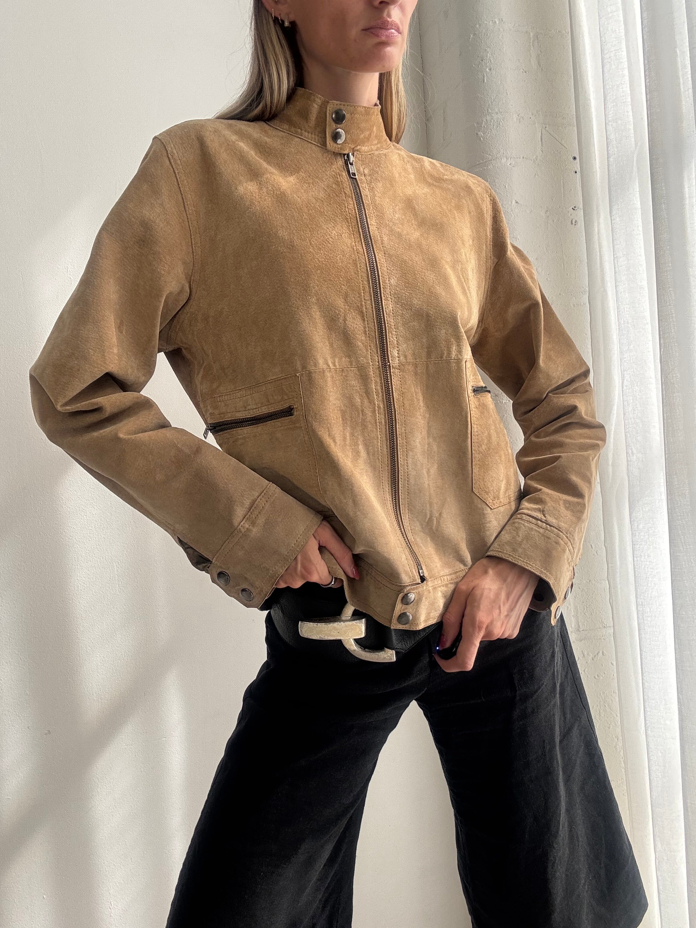 Vintage Y2K Tan Suede Biker Jacket - Size M/L