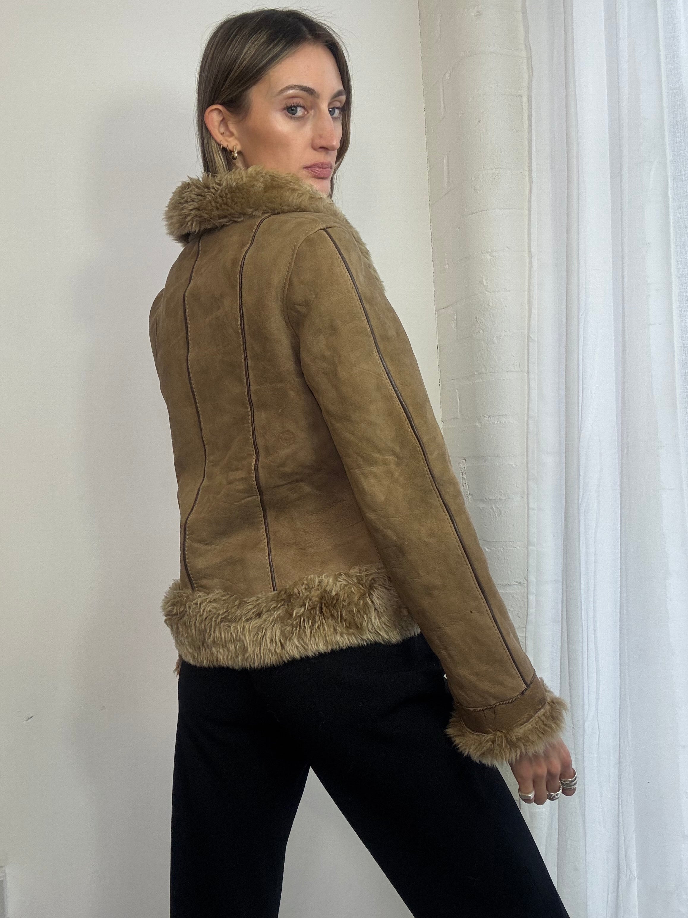 Vintage 90s brown suede sheepskin shearling coat