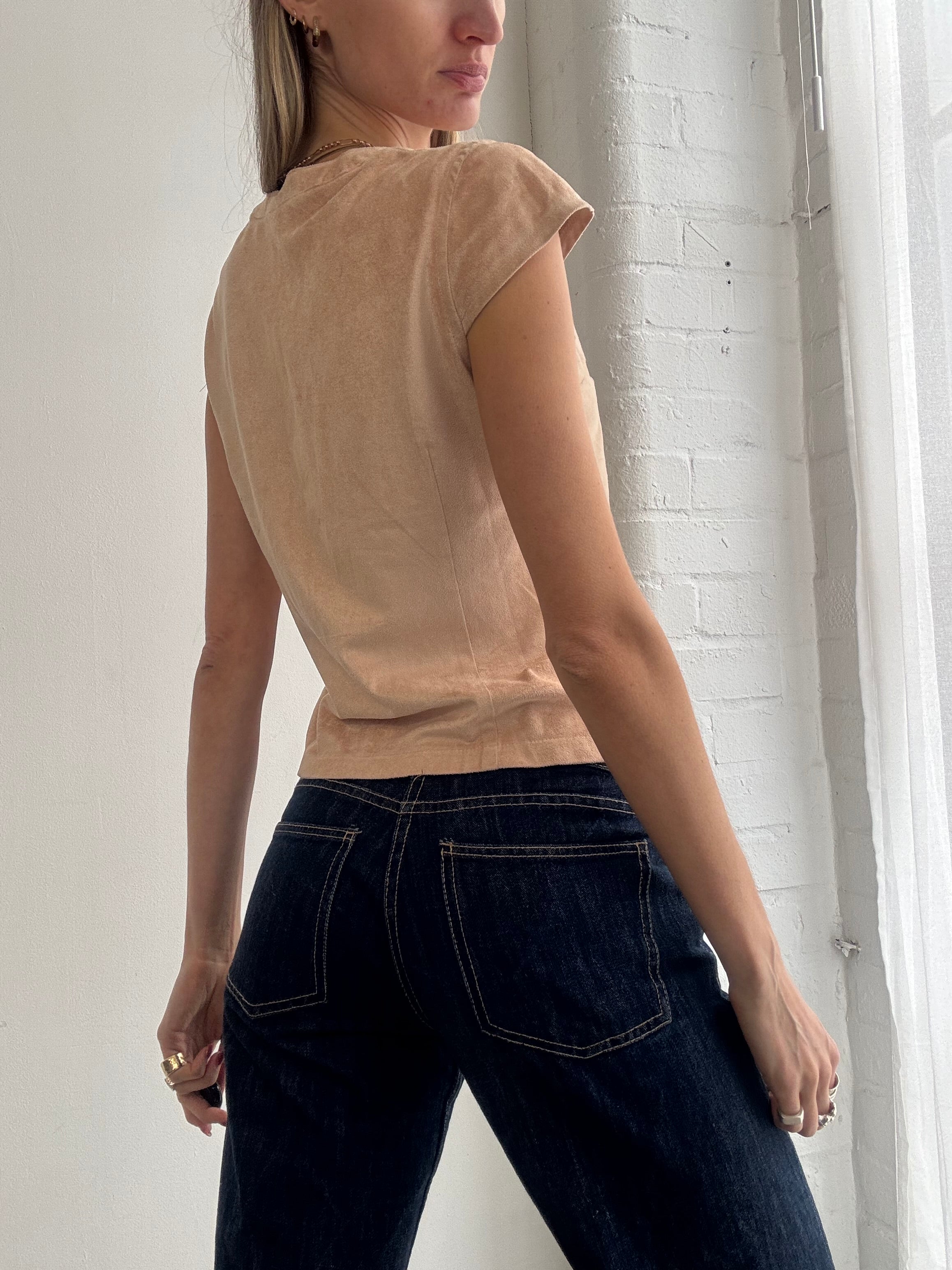 Vintage Y2K beige faux suede lace-up top