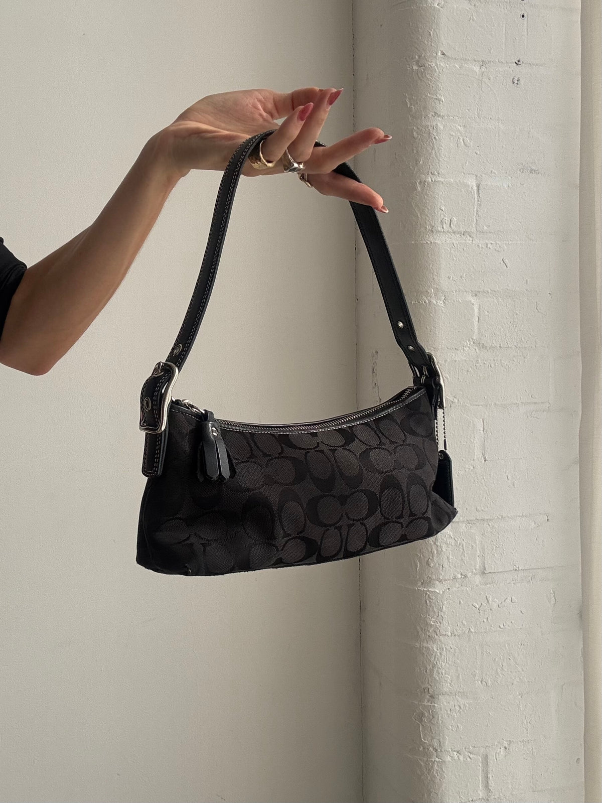 Vintage Coach Y2K Black Signature Monogram Shoulder Baguette Bag