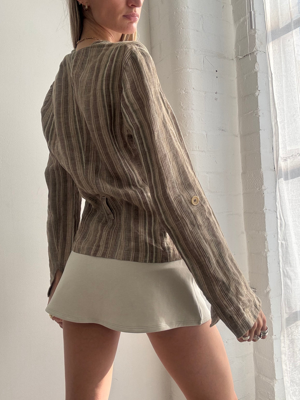 Vintage Pinstripe Linen Wrap Top Green