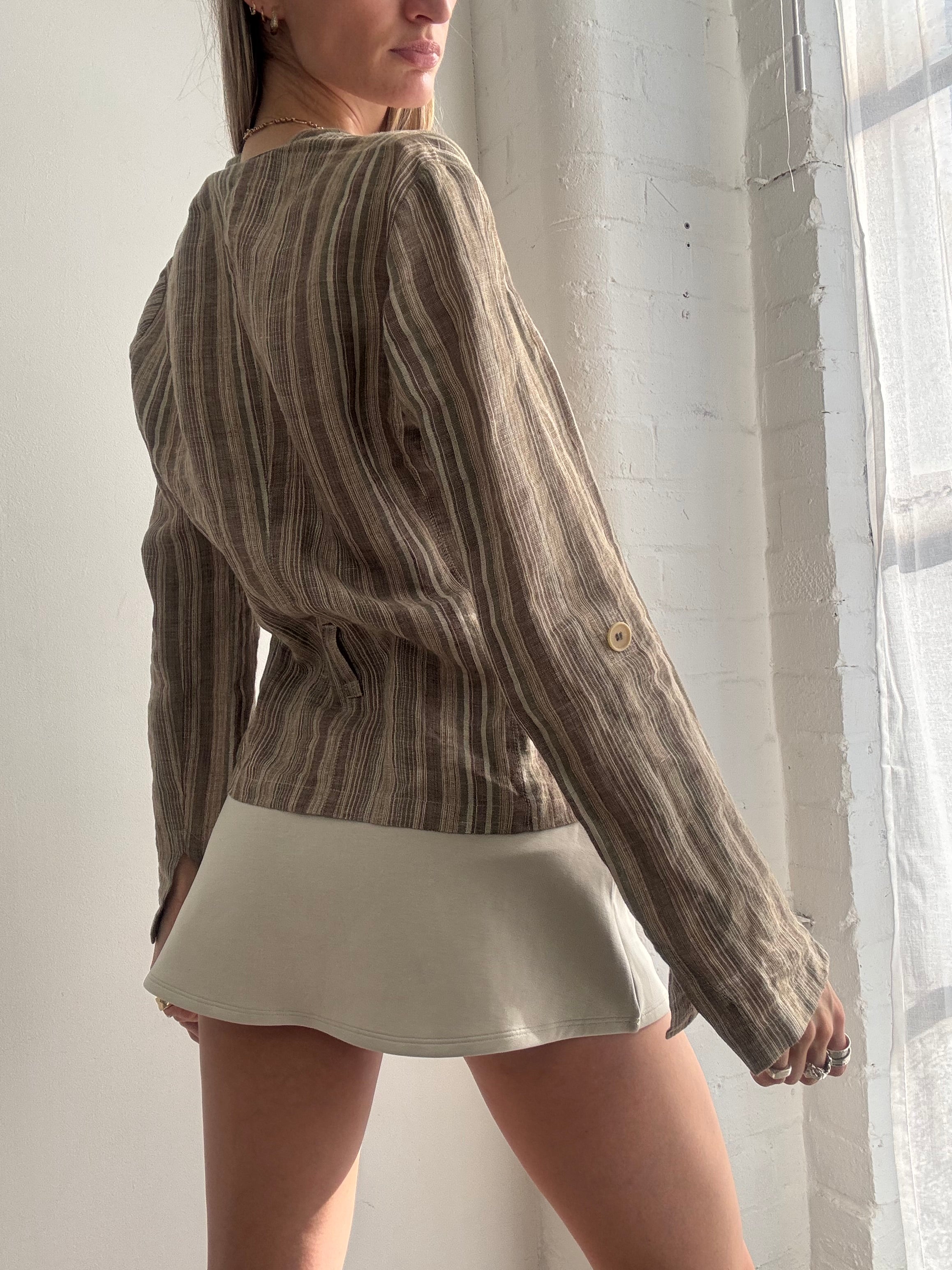 Vintage Pinstripe Linen Wrap Top Green