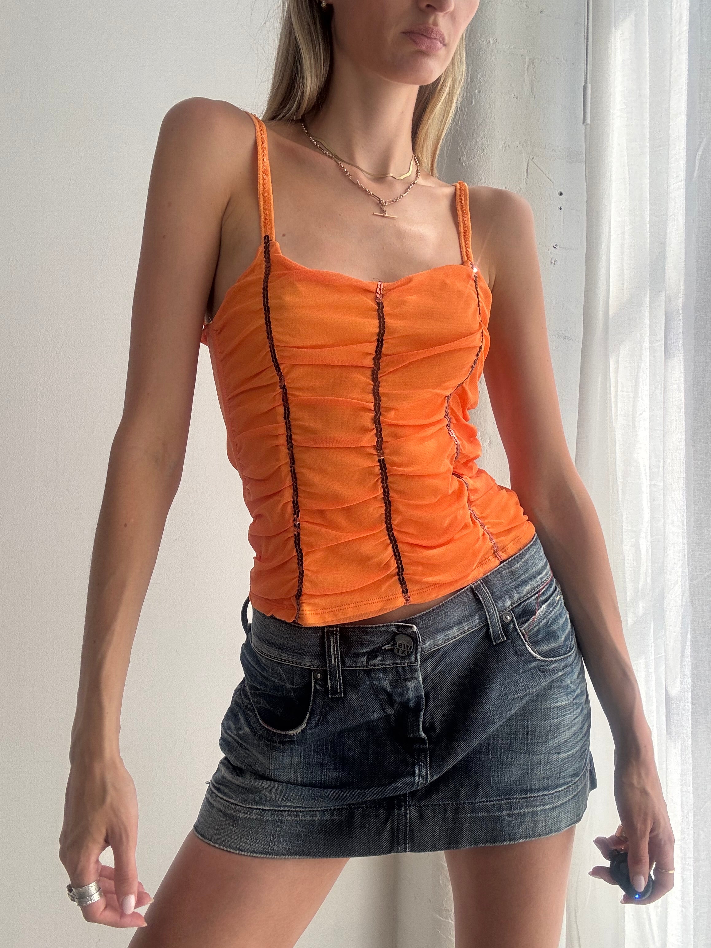 Vintage Y2K Orange Ruched Mesh & Sequin Cami Top - Size L