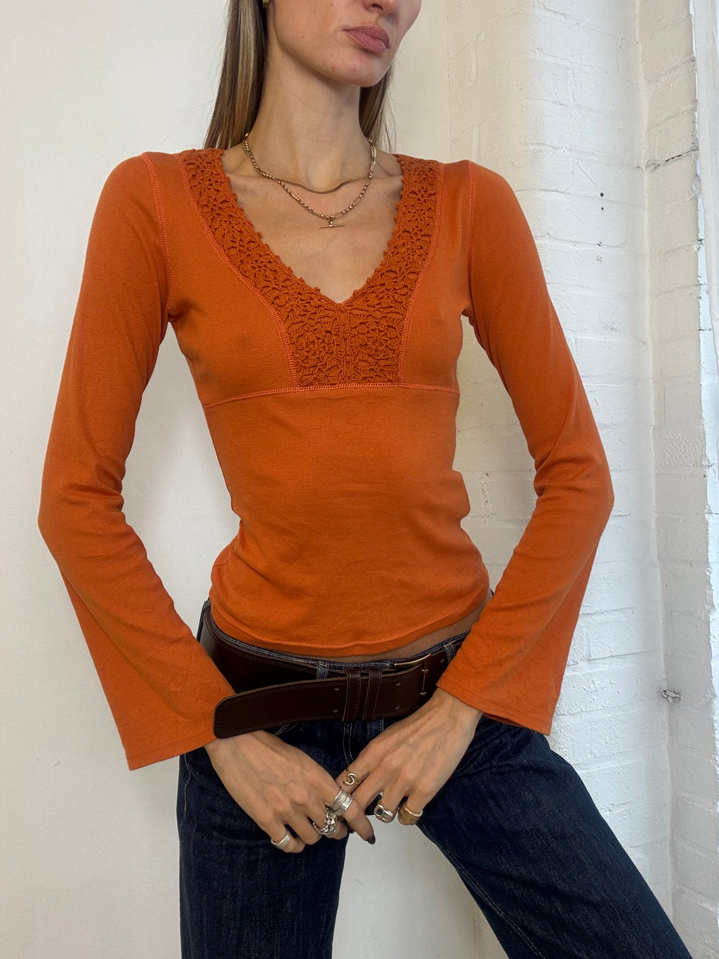 Vintage Y2K Promod Burnt Orange Crochet Trim Flared Sleeve Top - Size S