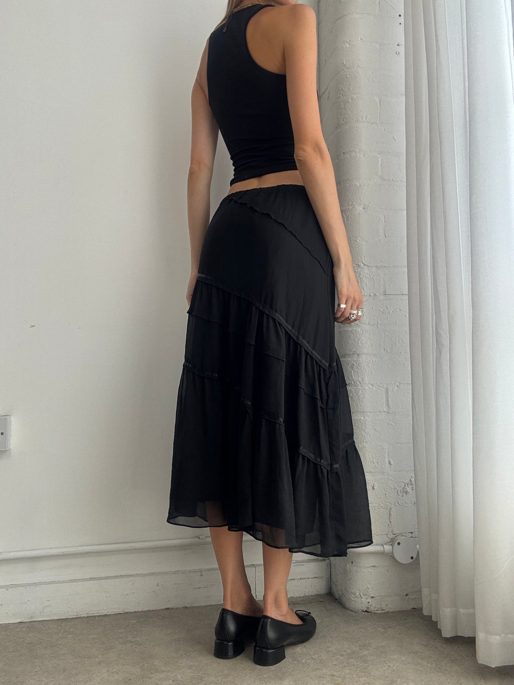 Vintage Y2K Black Sheer Tiered Maxi Skirt – Boho Chiffon Floaty Skirt - Size M