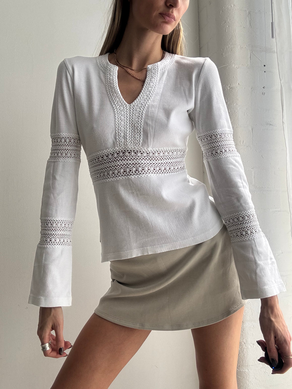 Vintage Y2K white lace panel long sleeve top - Size S
