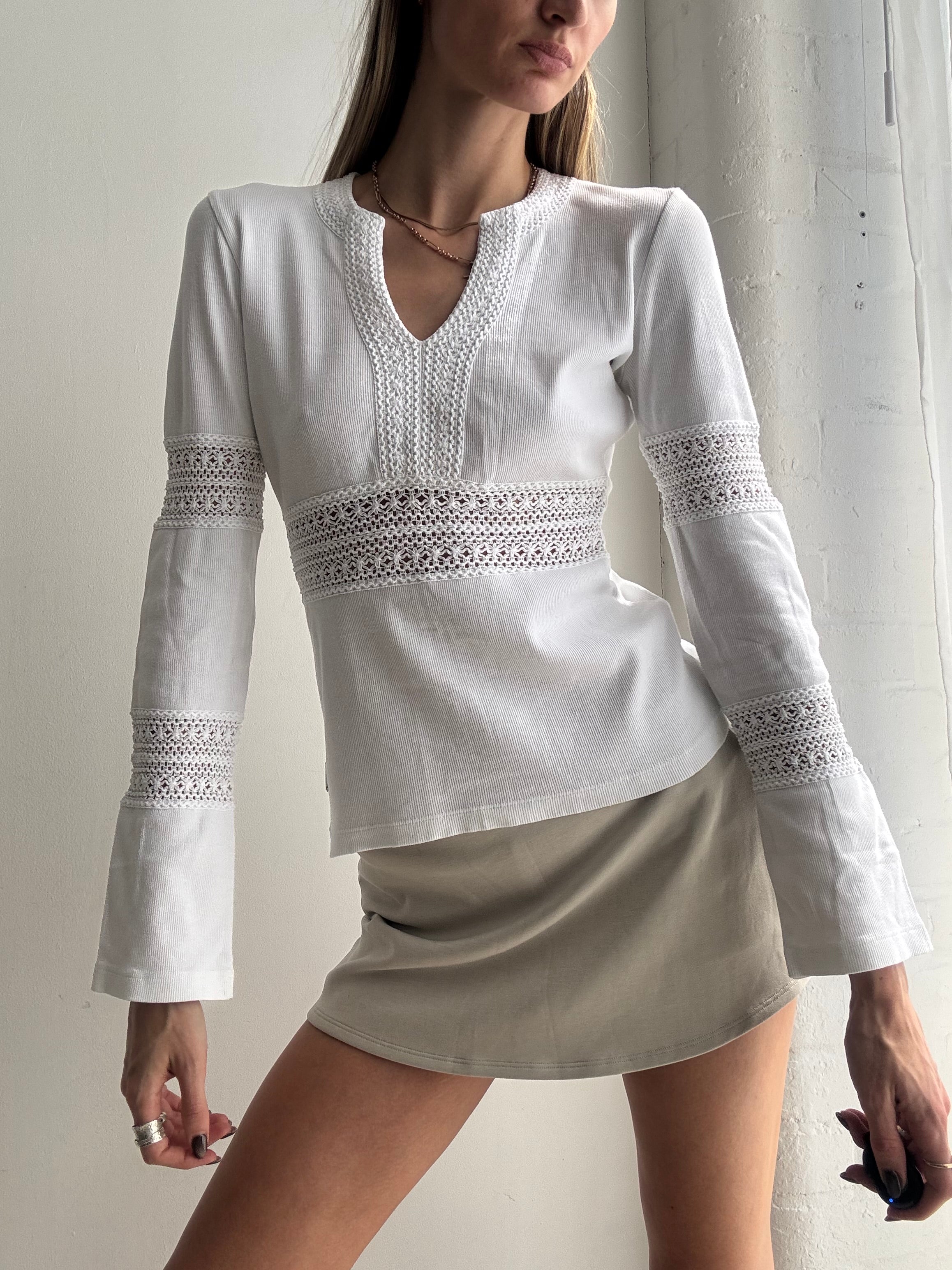Vintage Y2K white lace panel long sleeve top - Size S