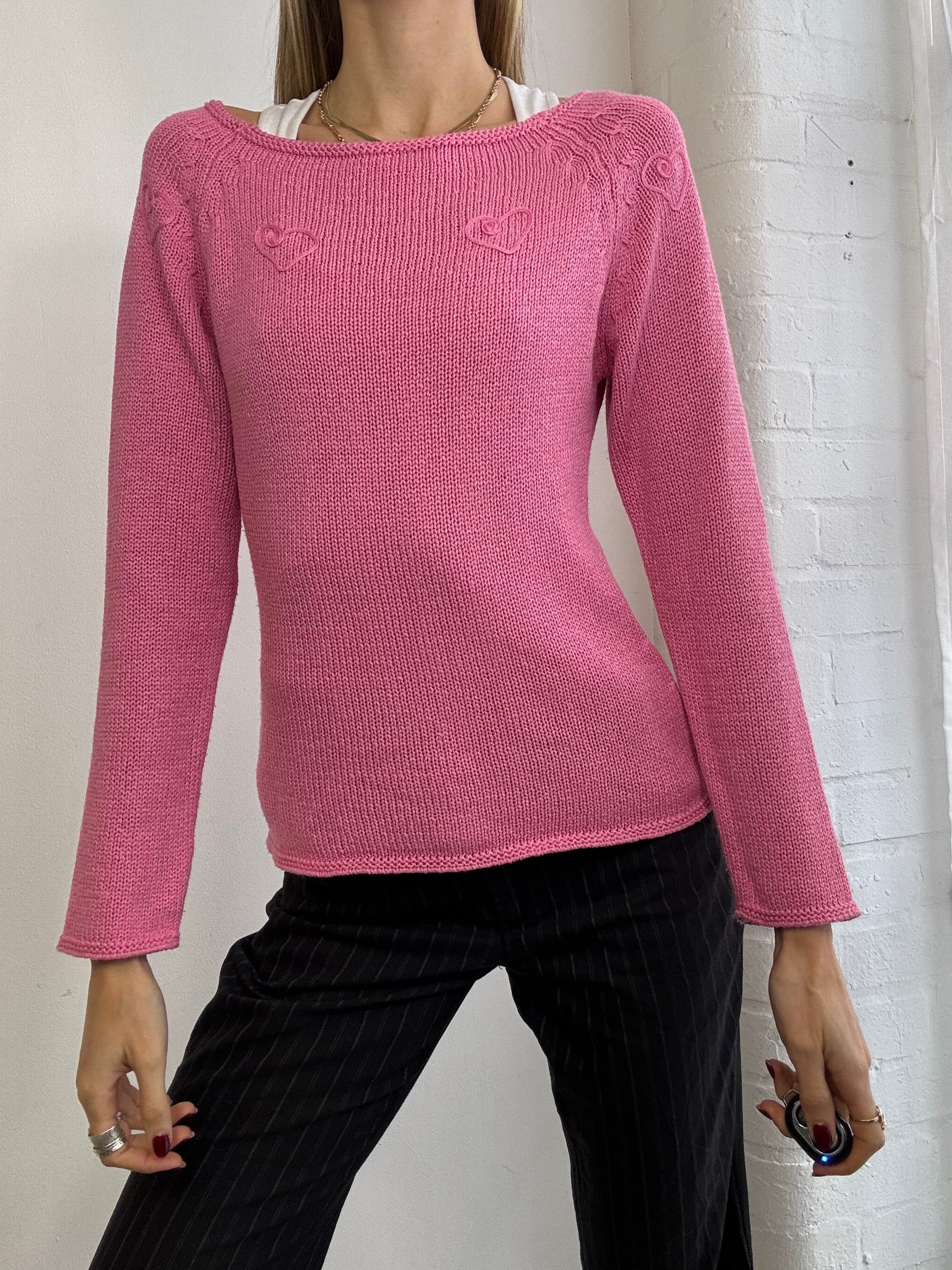 Vintage Y2K embroidered love heart knitted jumper pink
