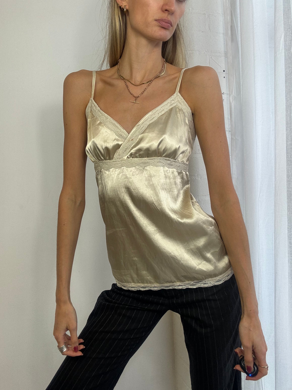 Vintage Y2K gold satin & lace cami top