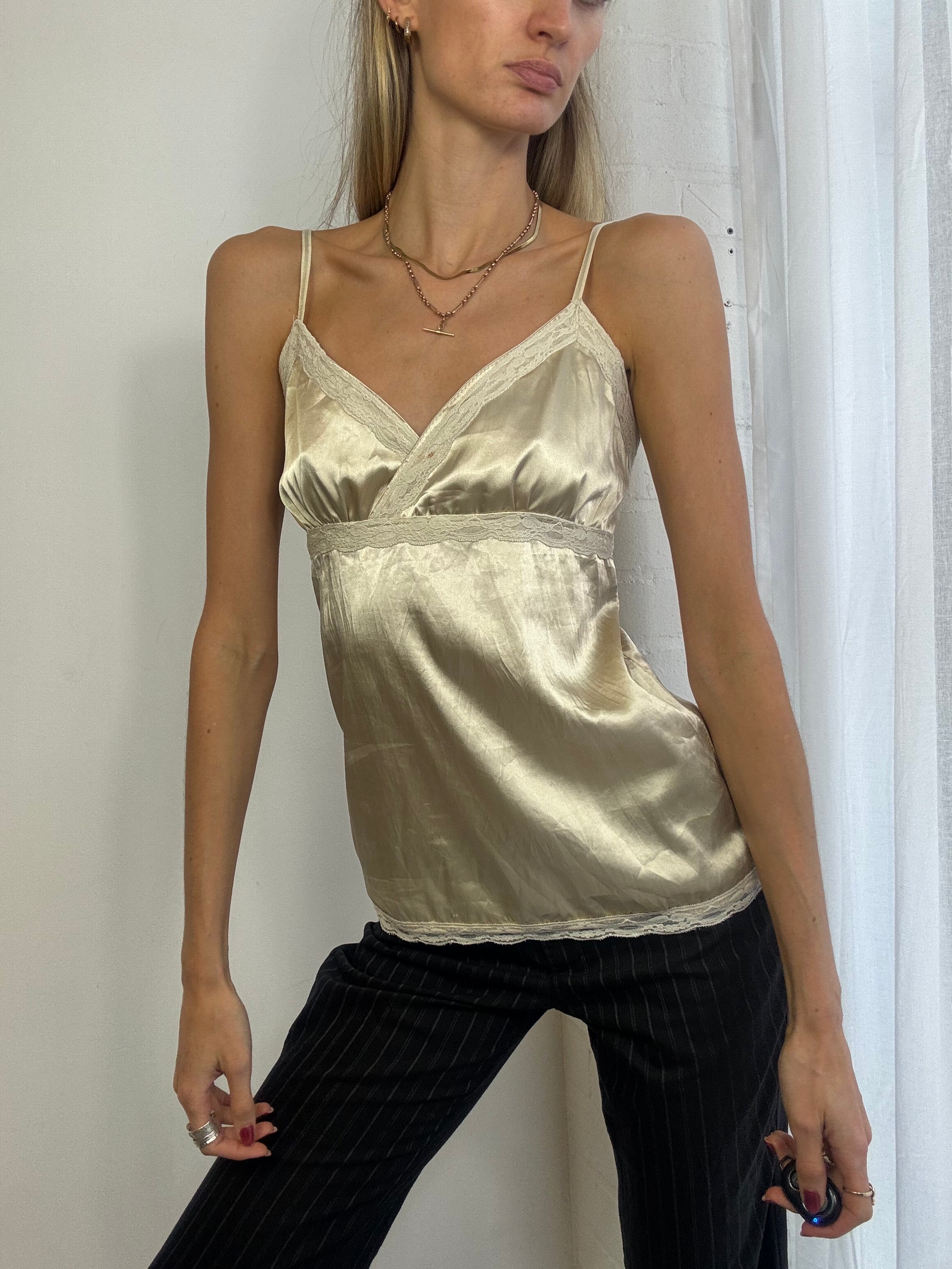 Vintage Y2K gold satin & lace cami top