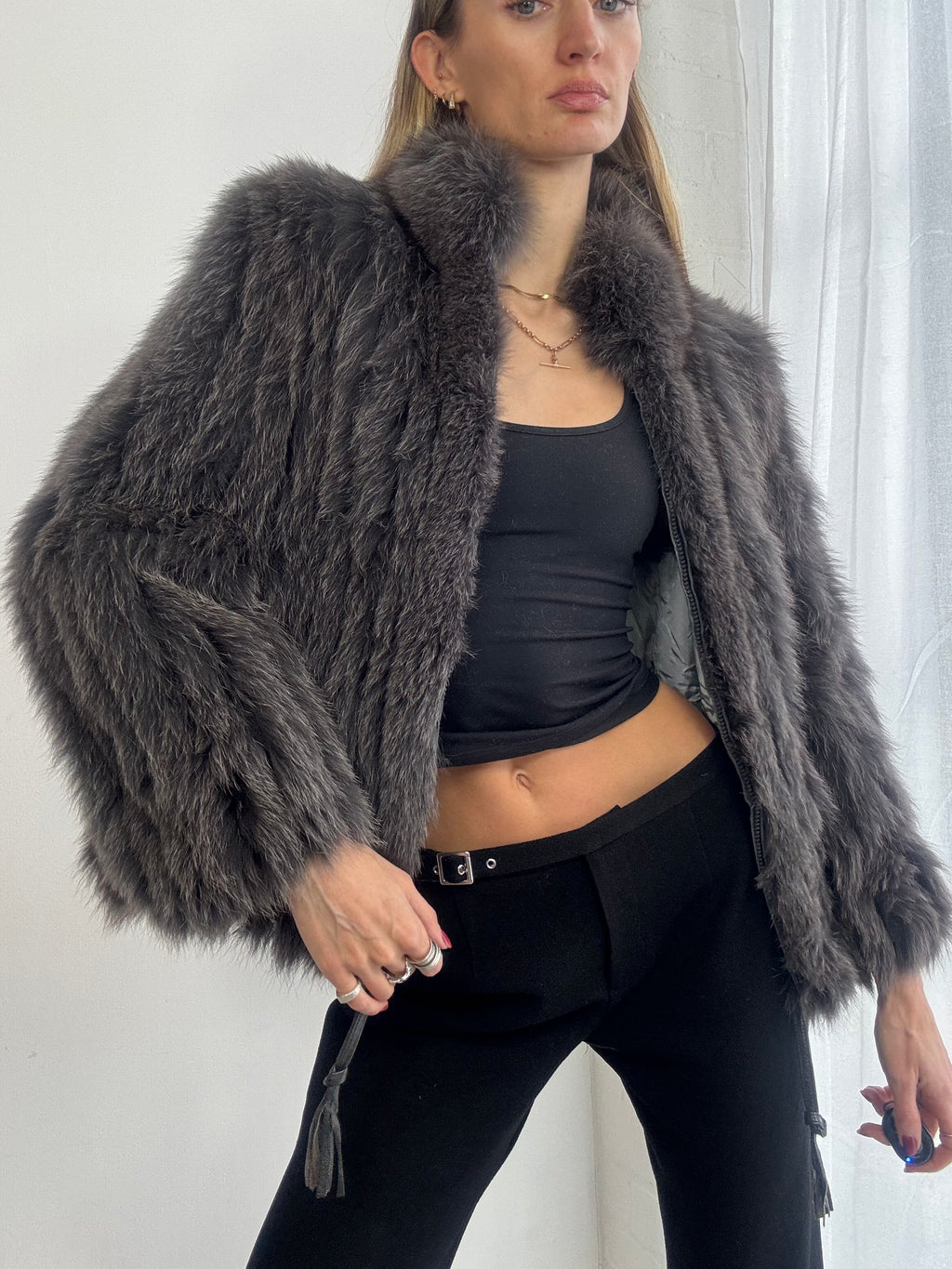 Vintage 90s plush grey fox fur coat