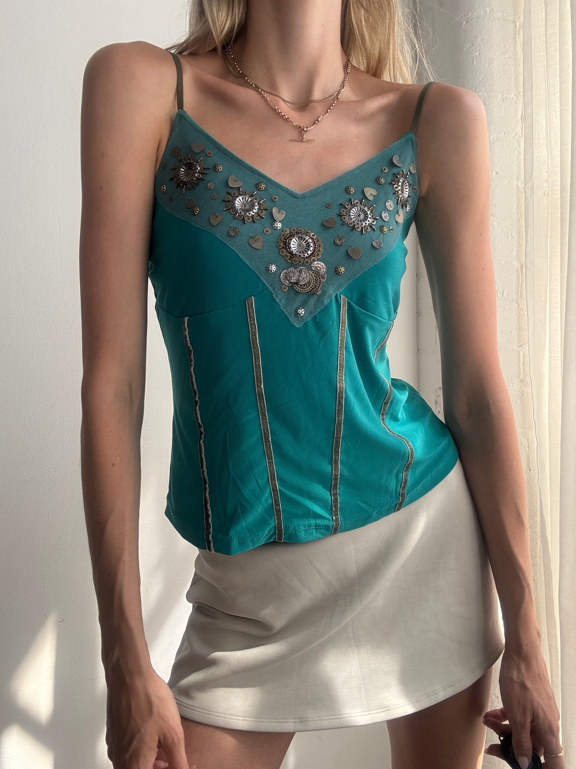 Vintage Y2K Turquoise Embellished Corset Cami Top - Size M