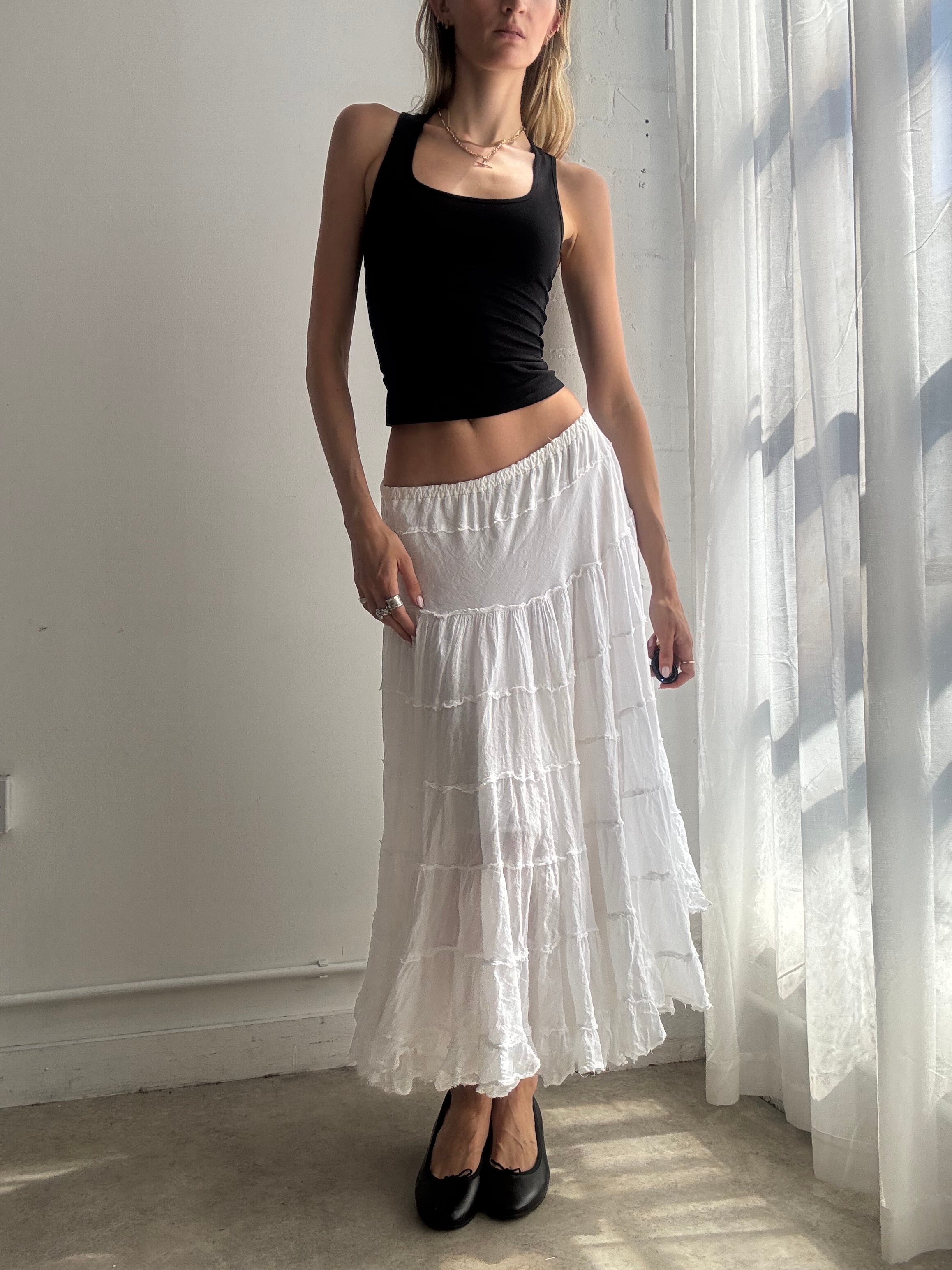 Vintage Y2k White Tiered Boho Midi Skirt Fairy Boho Sequin - Size S/M