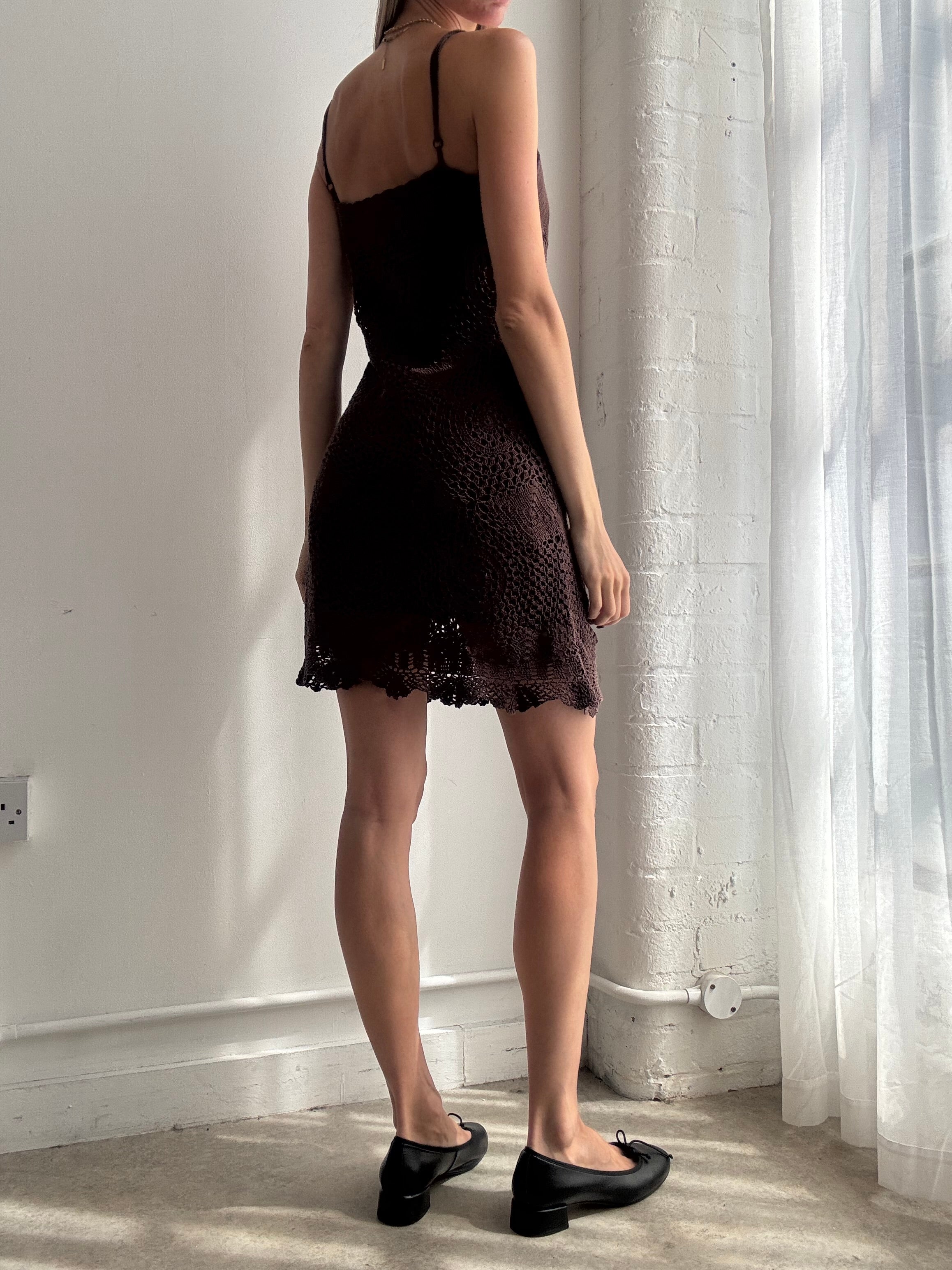 Vintage Y2K chocolate brown crochet mini slip dress - Size S