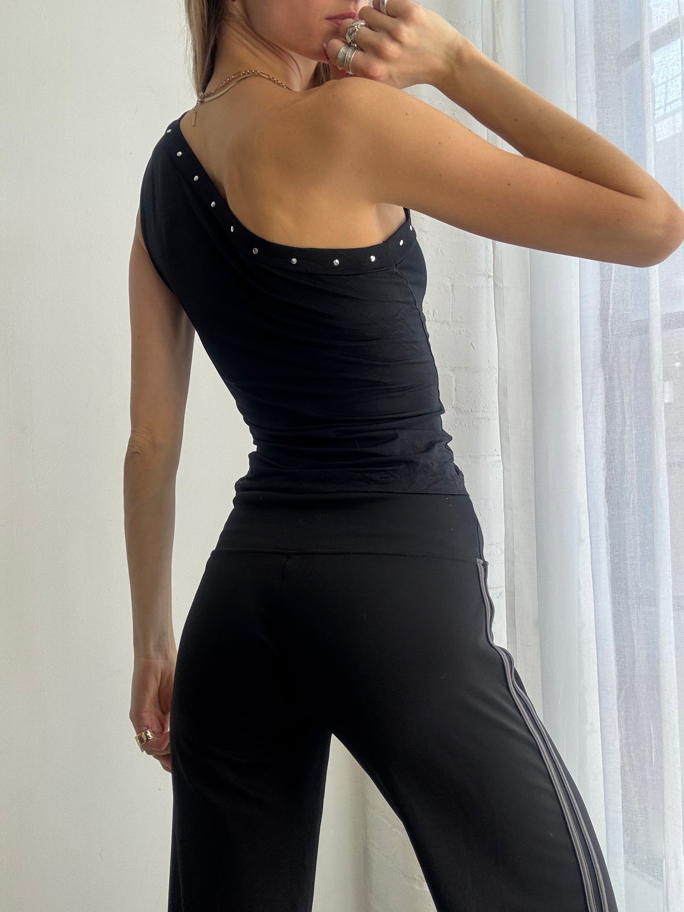 Vintage Y2K black one shoulder studded top