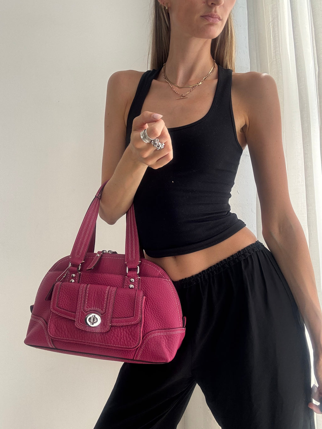 Vintage Y2K Coach Hamptons Leather Shoulder Bag – Hot Pink Pebbled Leather Satchel