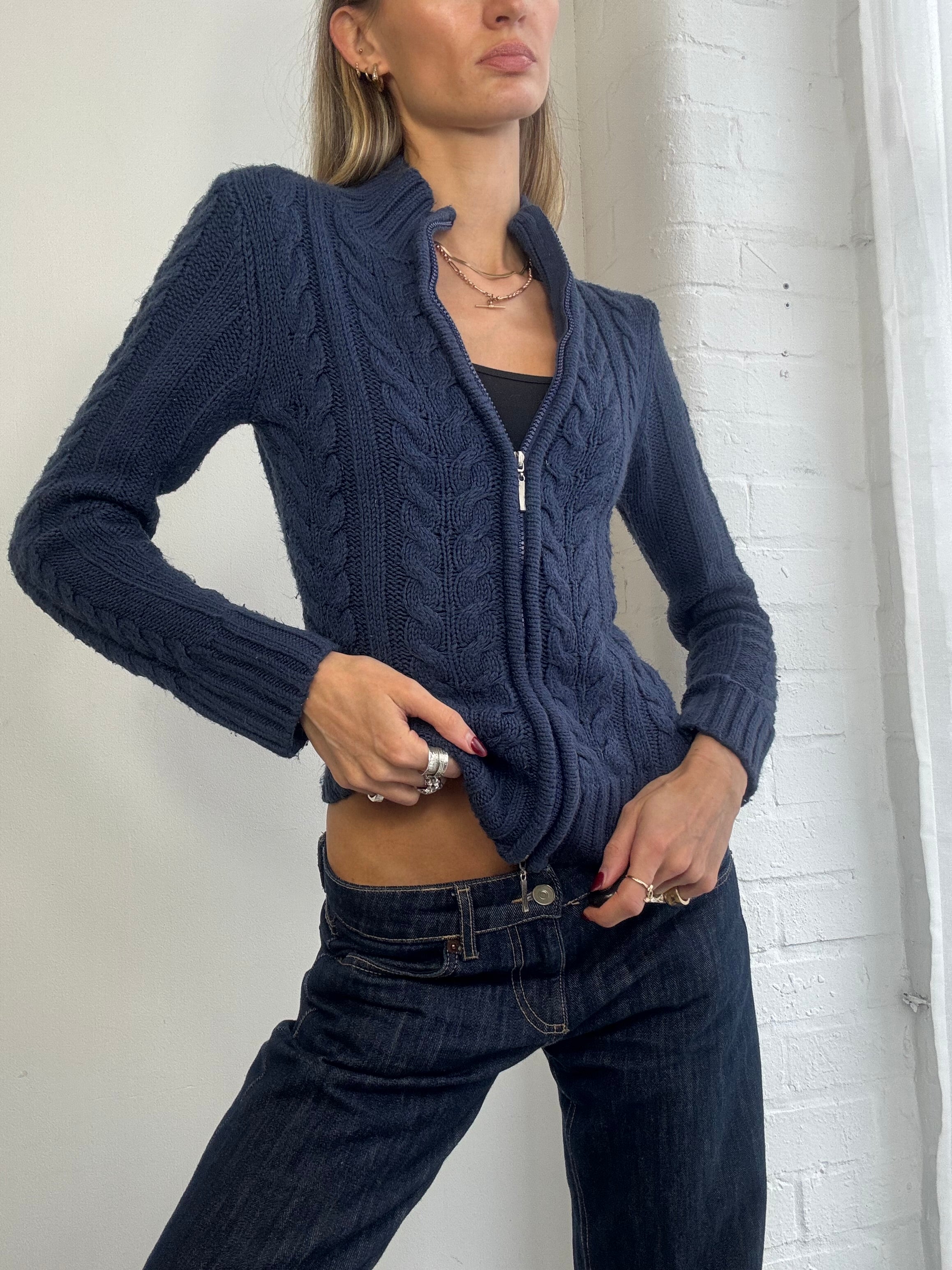 Vintage Y2K cable knit dual zip jumper navy blue
