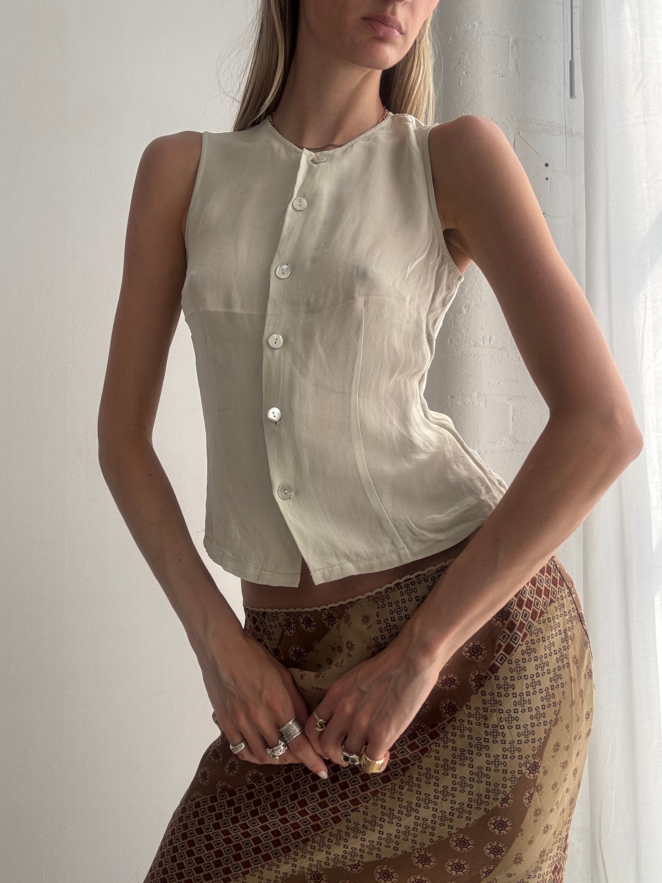 Vintage Cream Silk Button Front Sleeveless Top Y2K Boho - Size XS
