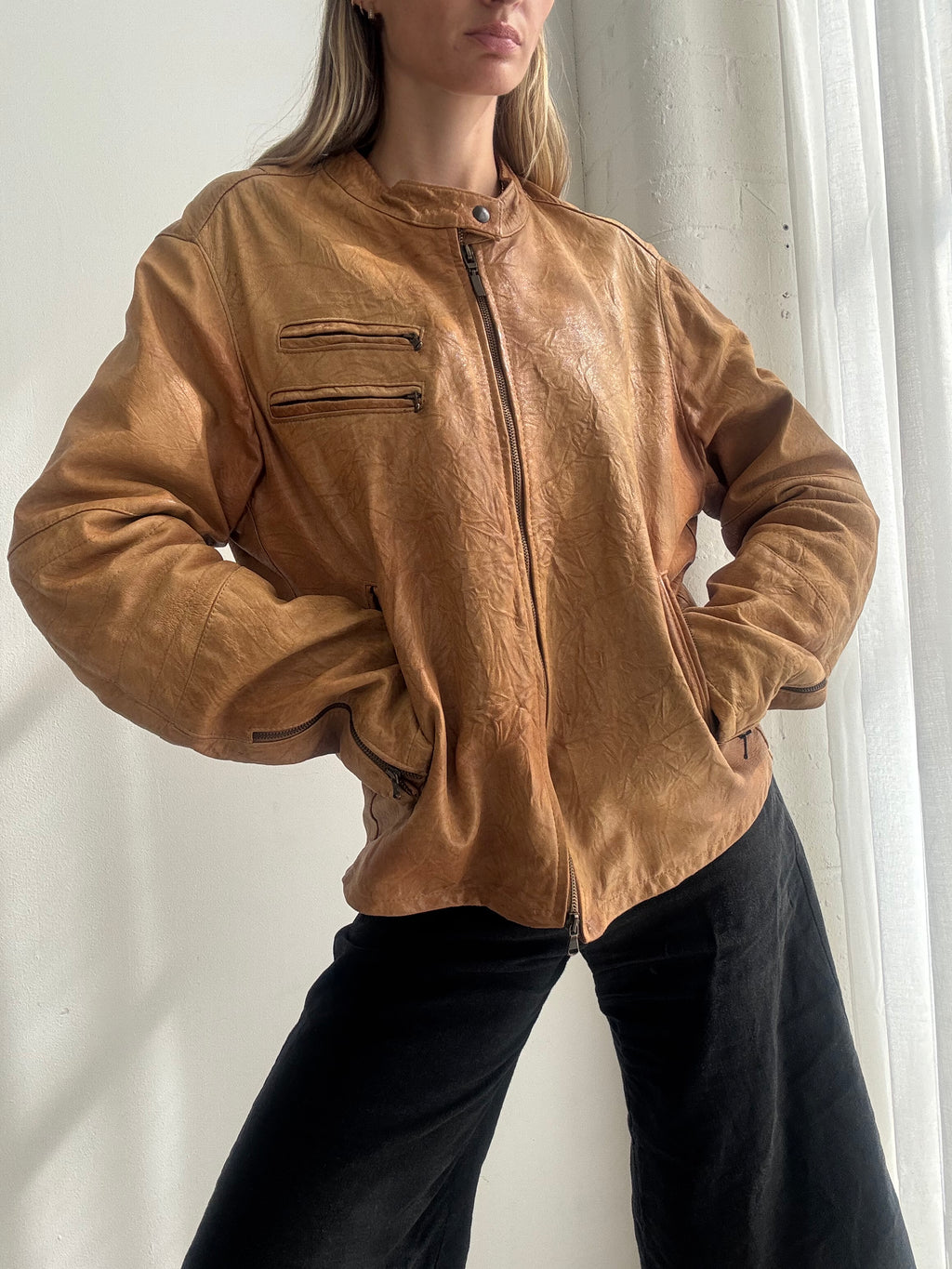 Vintage Y2K Tan Brown Leather Biker Jacket - Size L