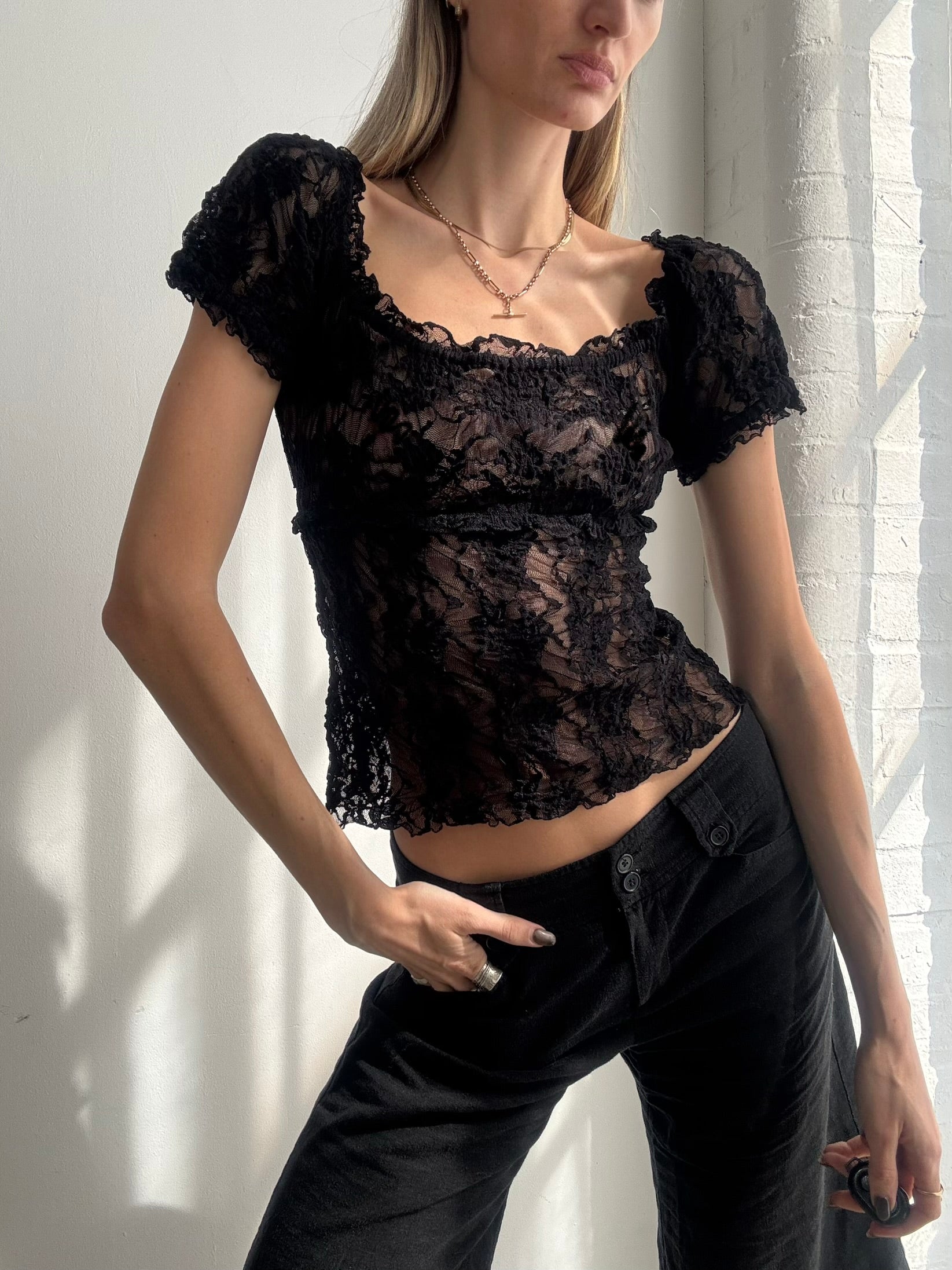 Vintage Y2K black lace sheer top - Size S