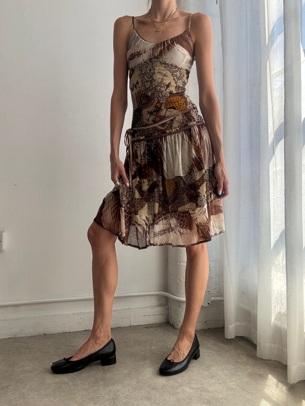 Vintage Y2K Abstract Print Mesh Handkerchief Hem Dress - Size XS