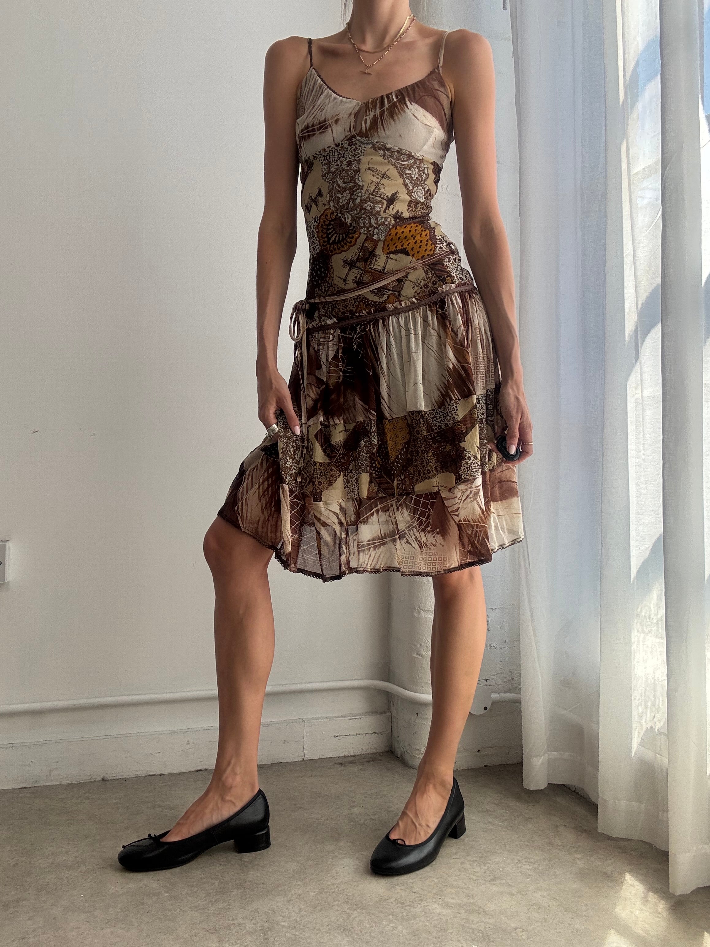 Vintage Y2K Abstract Print Mesh Handkerchief Hem Dress - Size XS