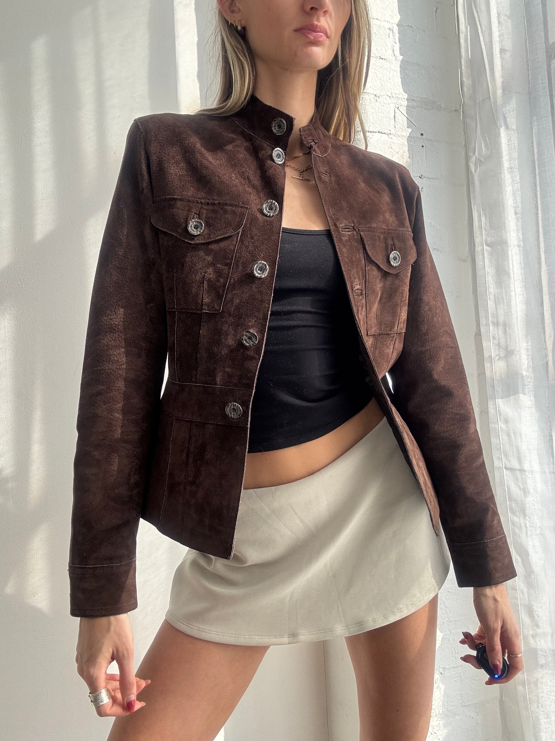 Vintage Y2K brown suede fitted button-up jacket