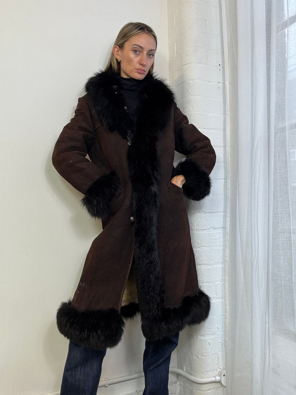 Vintage 90s long sheepskin suede & fur coat brown