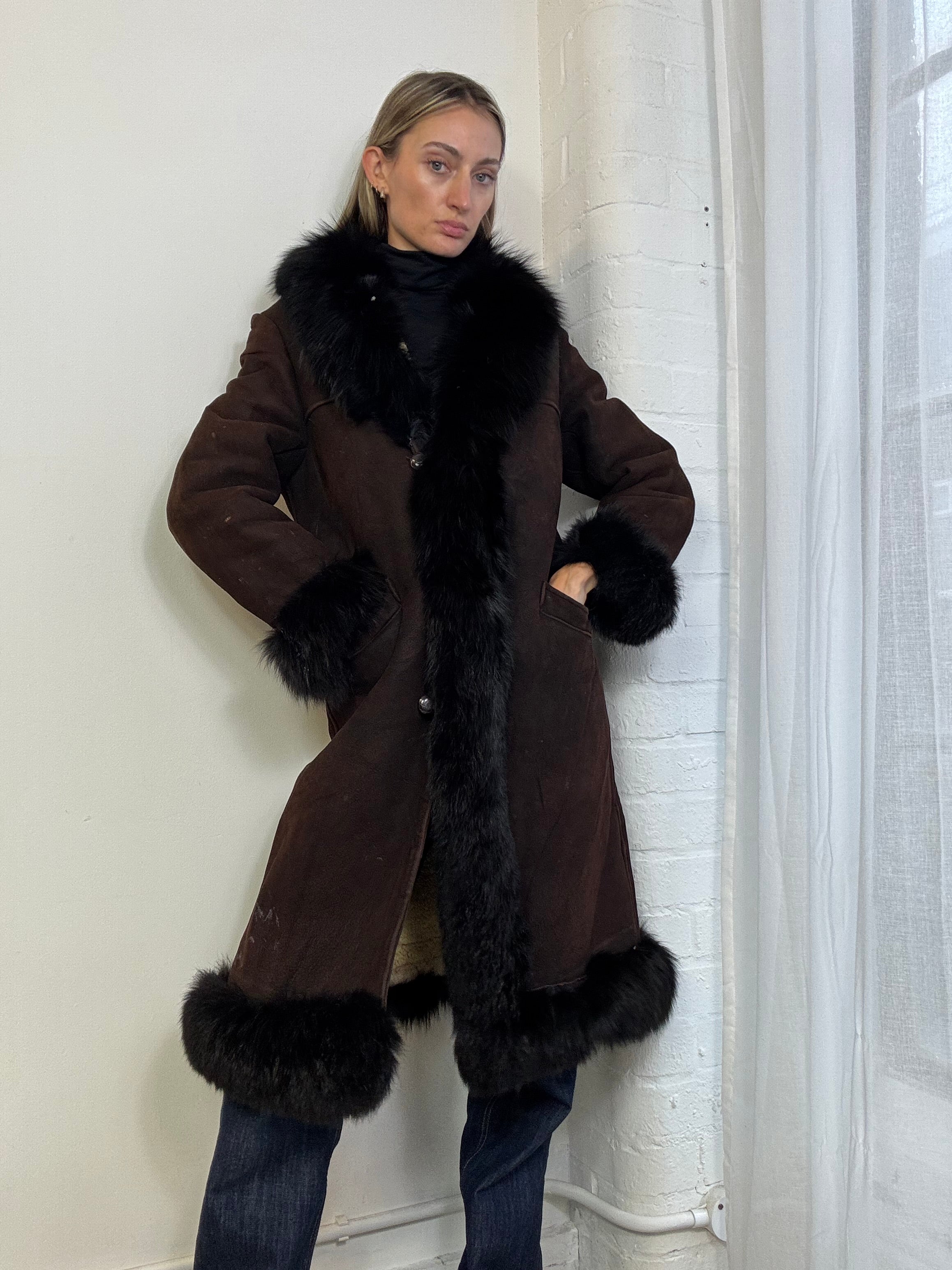 Vintage 90s long sheepskin suede & fur coat brown