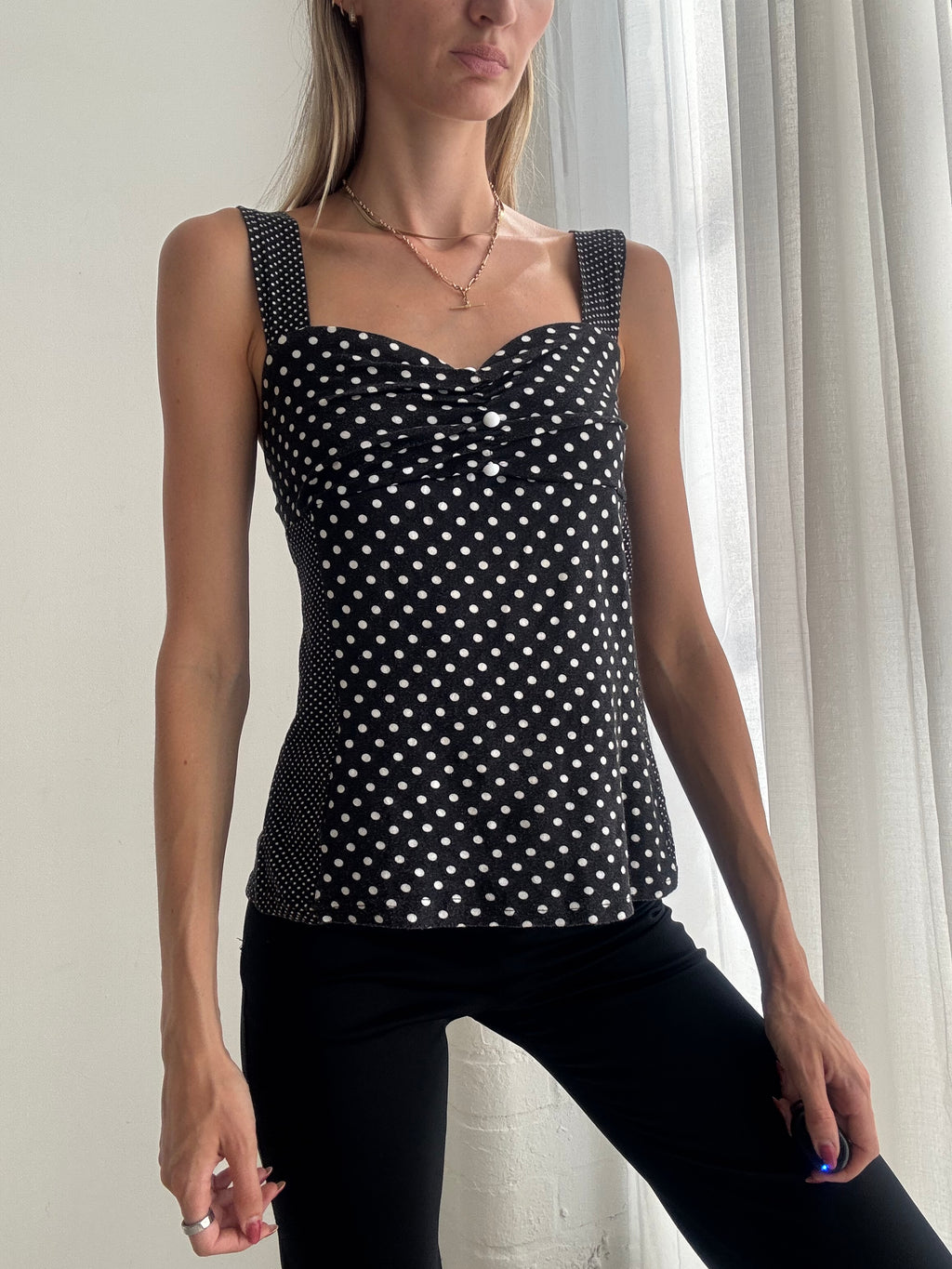 Vintage Y2K Black & White Polka Dot Cami Top - Size M
