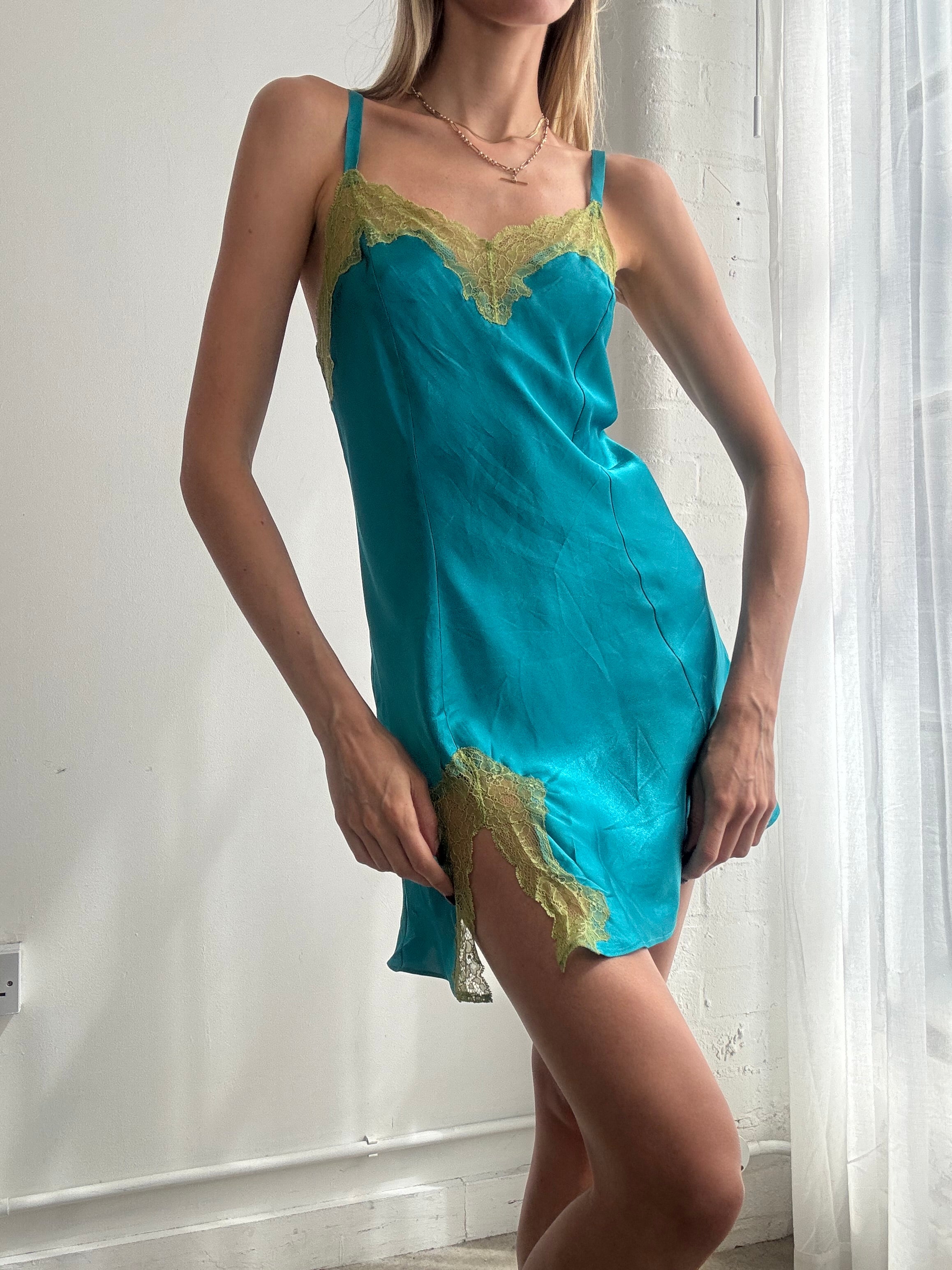 Vintage Y2K turquoise satin lace trim slip dress - Size S