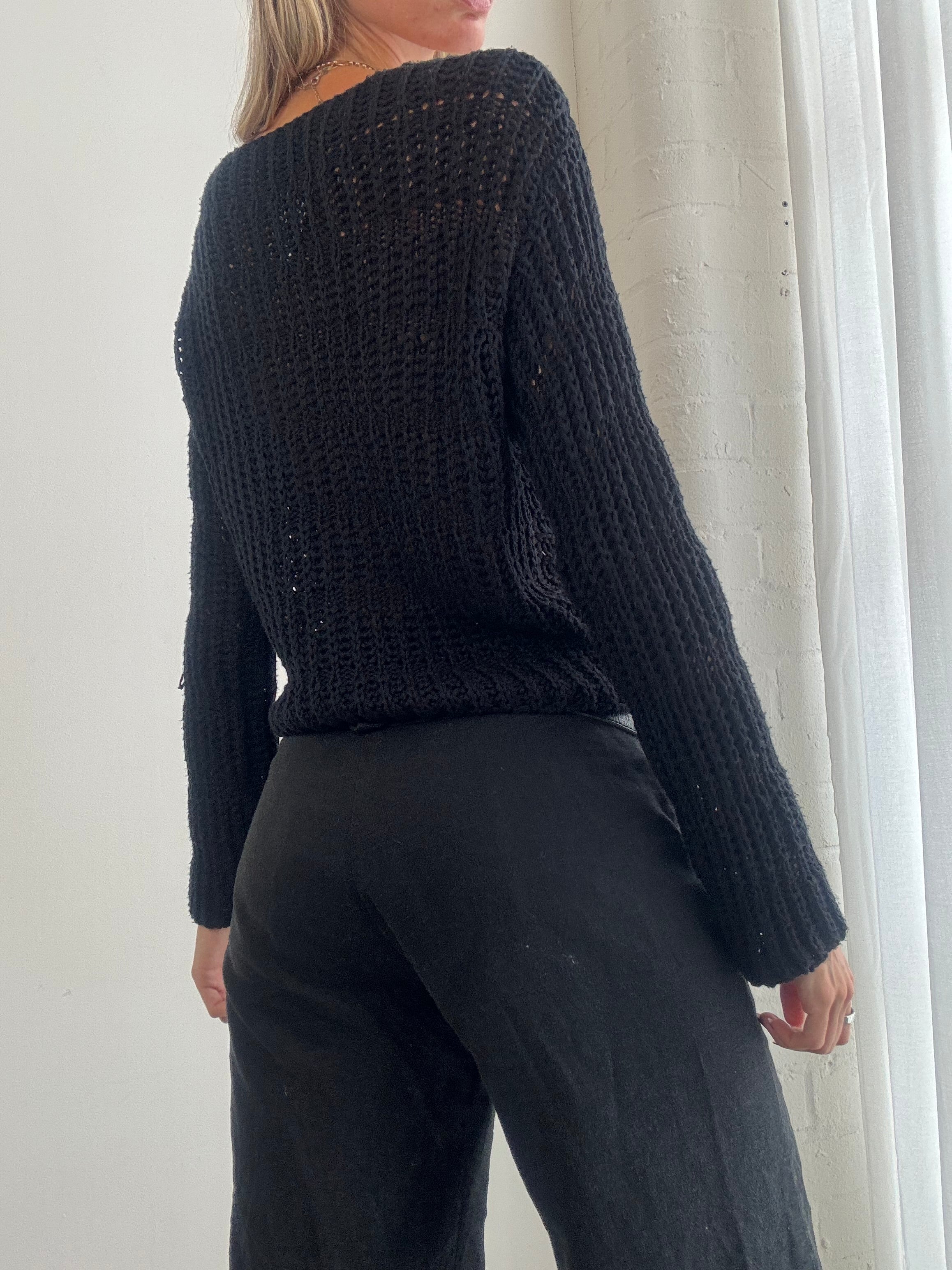 Vintage Y2K Black Chunky Knit Tie Front Cardigan - Size M