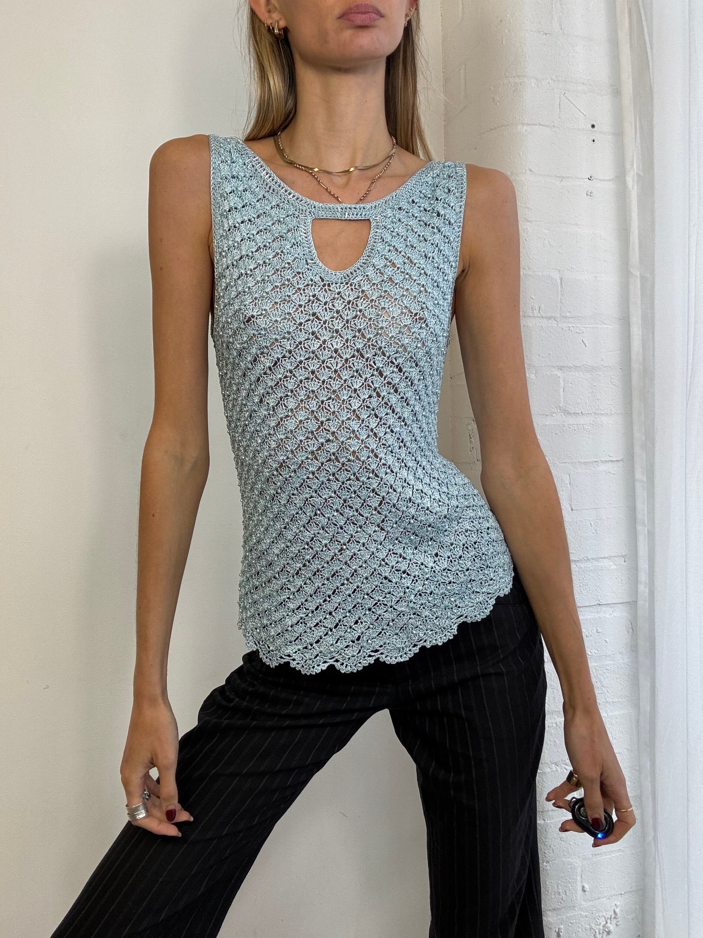 Vintage Y2K blue crochet beaded tank top