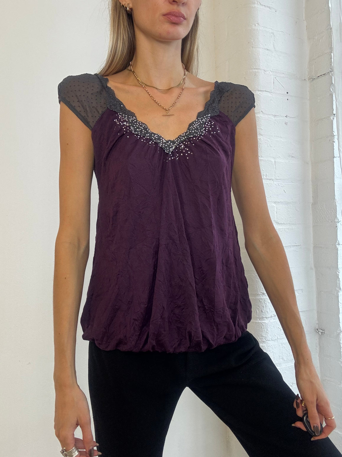 Vintage Y2K Plum Purple Embellished Tie Back Top - Size S/M
