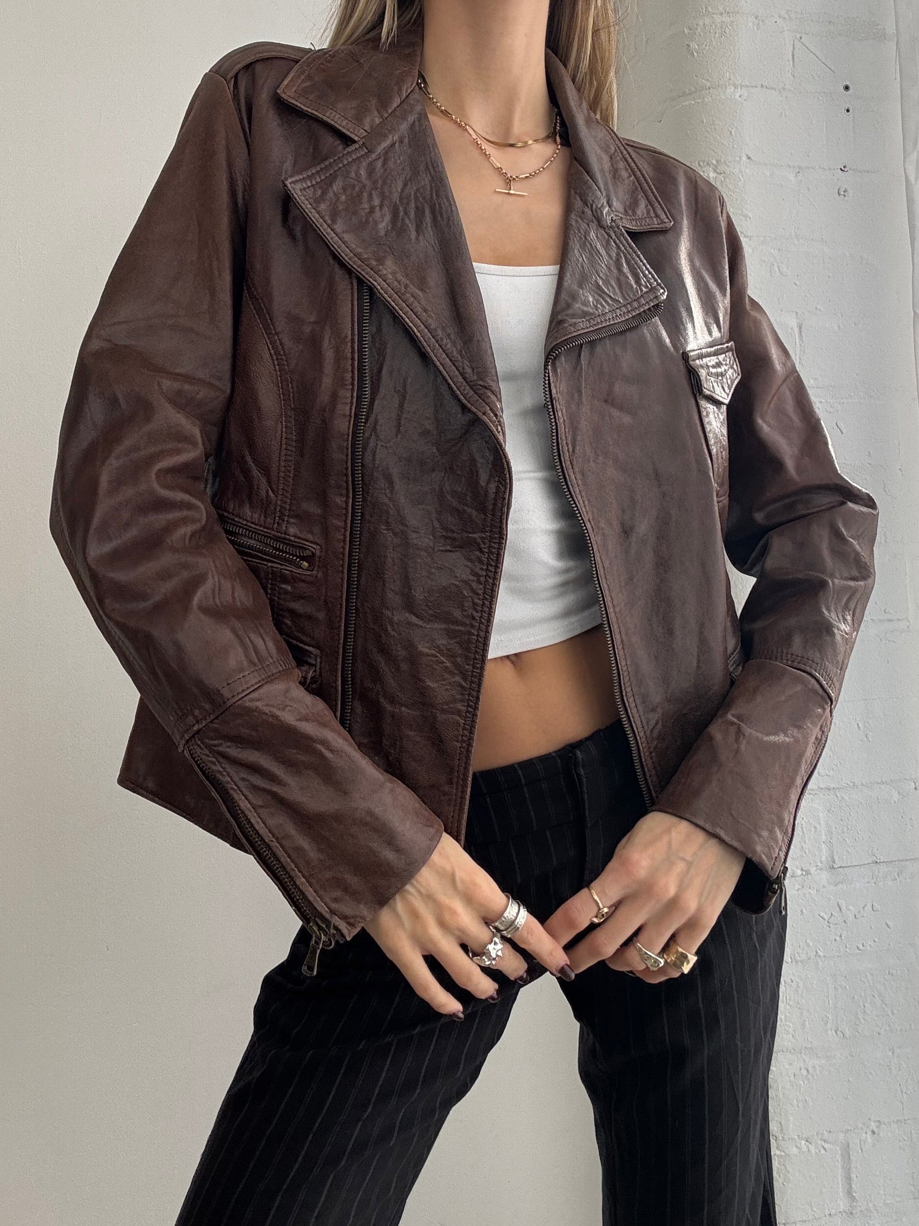 Vintage Y2K brown leather asymmetric biker jacket