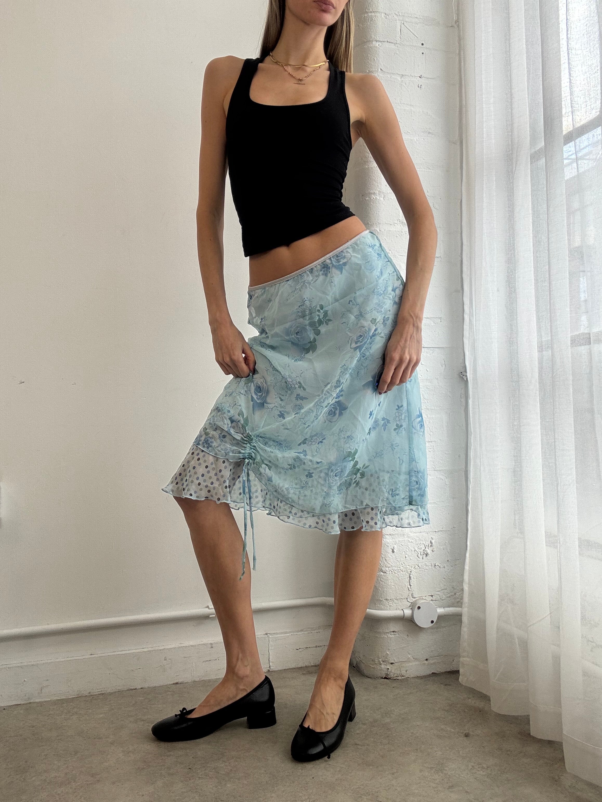 Vintage Y2K blue floral mesh midi skirt