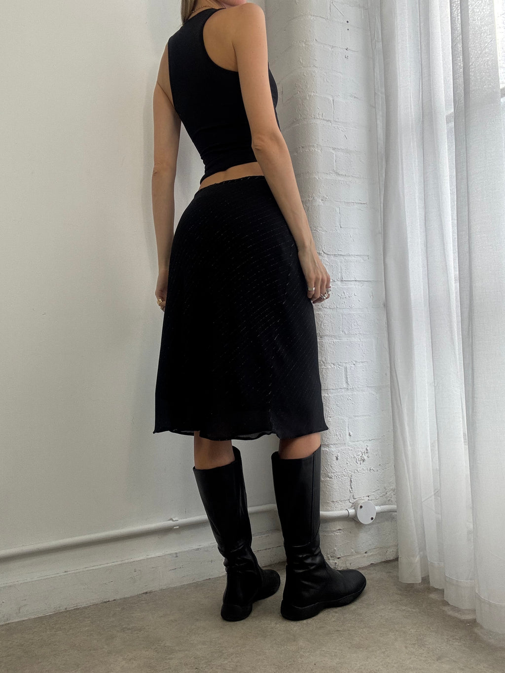 Vintage Y2K black pinstripe mesh midi skirt