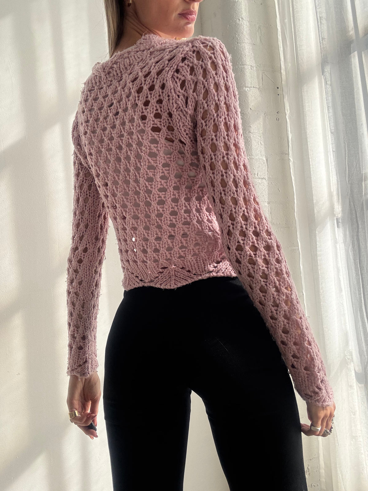 Vintage Y2K Dusty Pink Crochet Tie Front Cardigan - Size XS-S