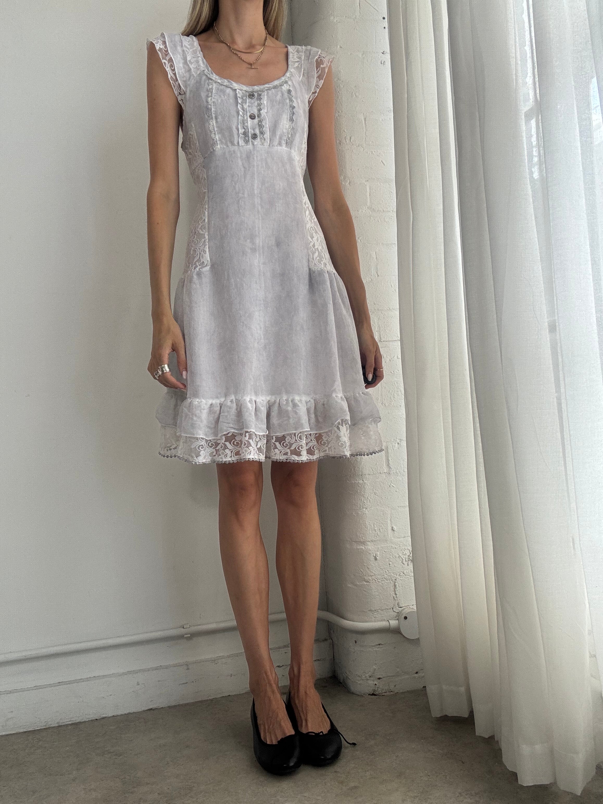 Vintage White Ruffle Lace Mini Dress – Cottagecore Boho Summer Dress - Size L