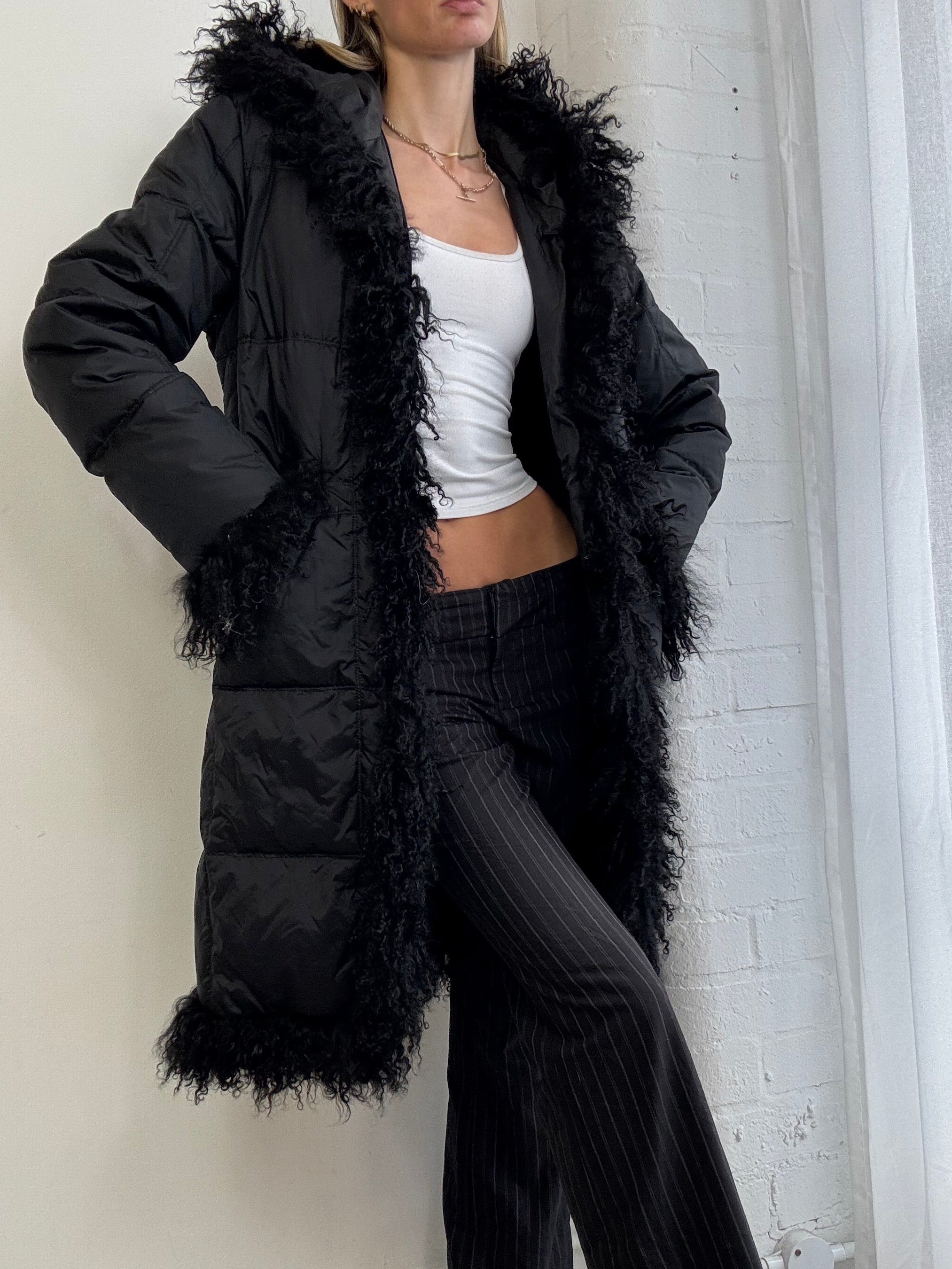Vintage Y2K Mongolian fur trim hooded puffer coat