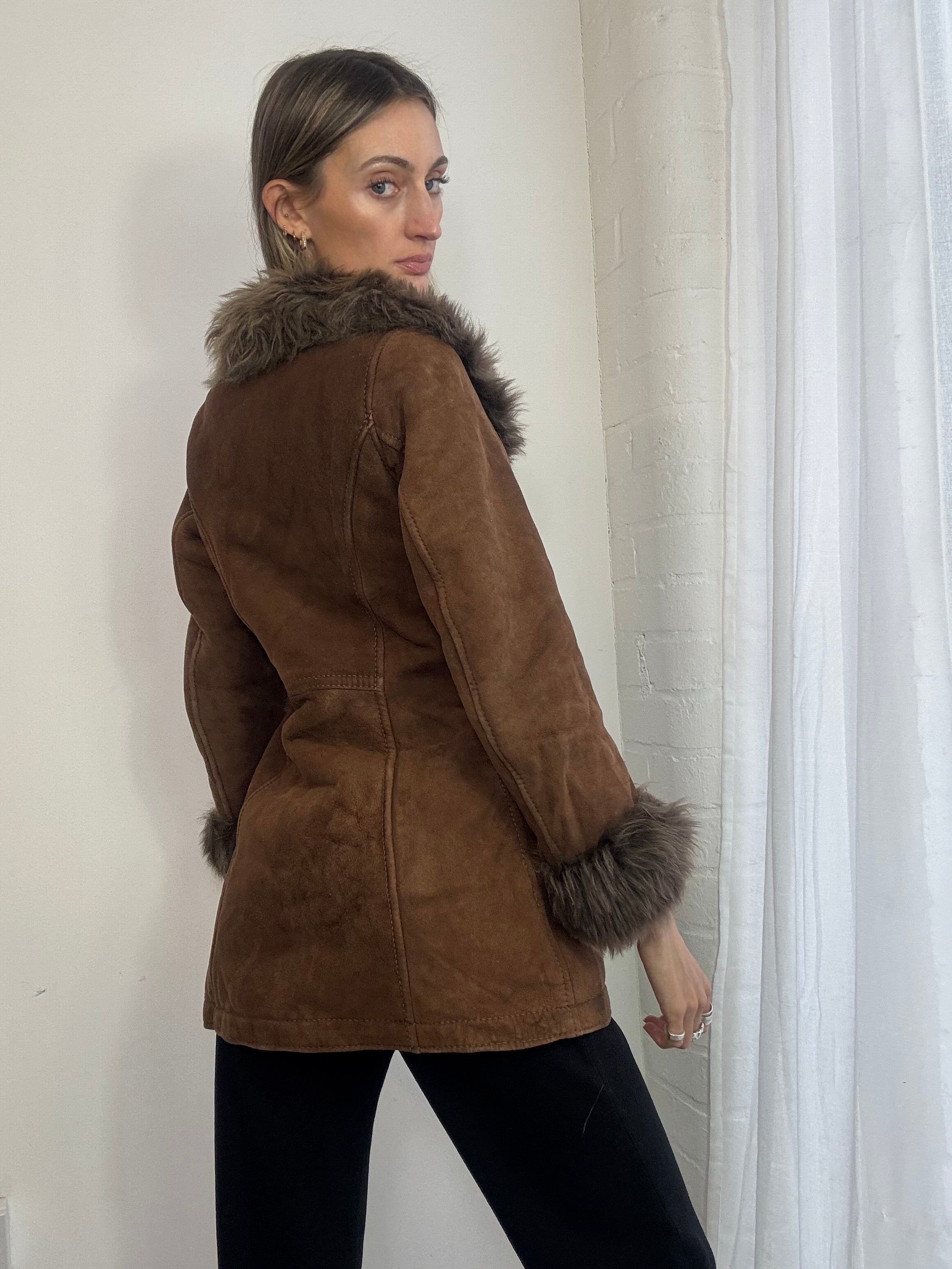 Vintage sheepskin suede coat brown