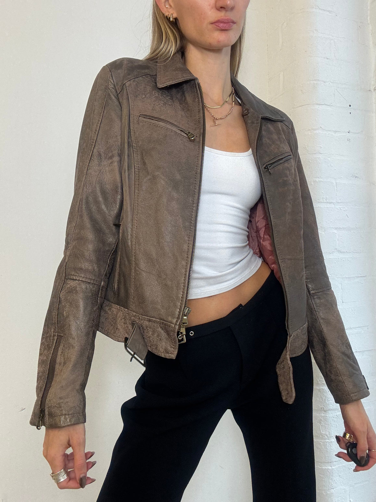 Vintage Y2K Distressed Taupe Real Leather Belted Zip Jacket - Size S