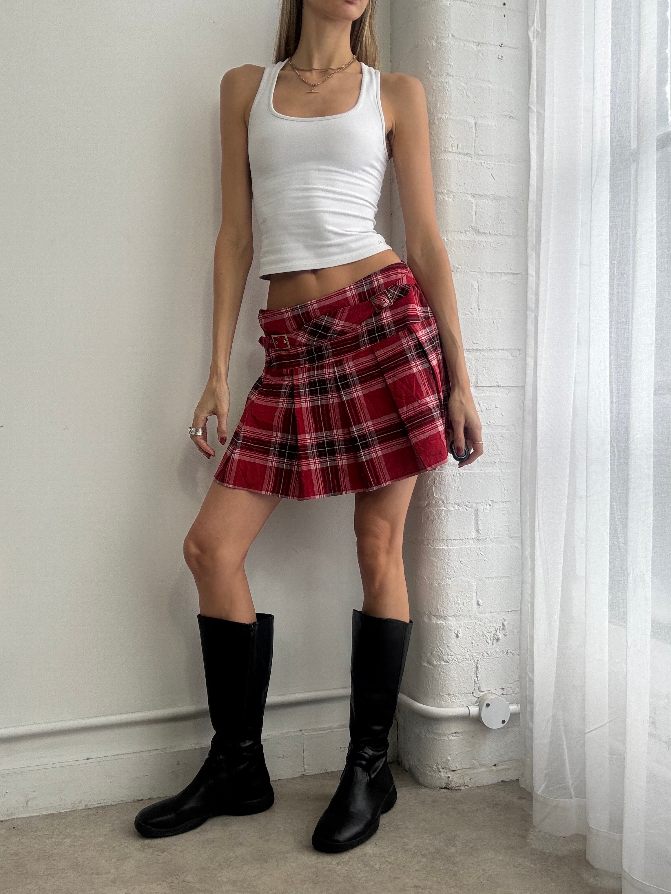 Vintage Y2K plaid pleated mini skirt buckles