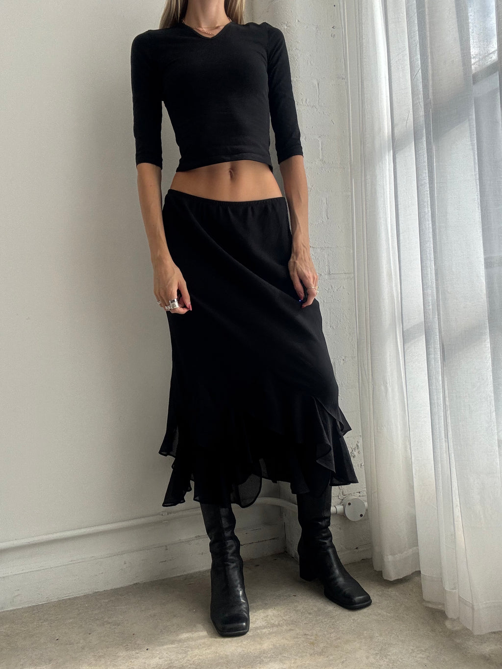 Vintage Y2K Black Asymmetric Mesh Ruffle Midi Skirt - Size S-M