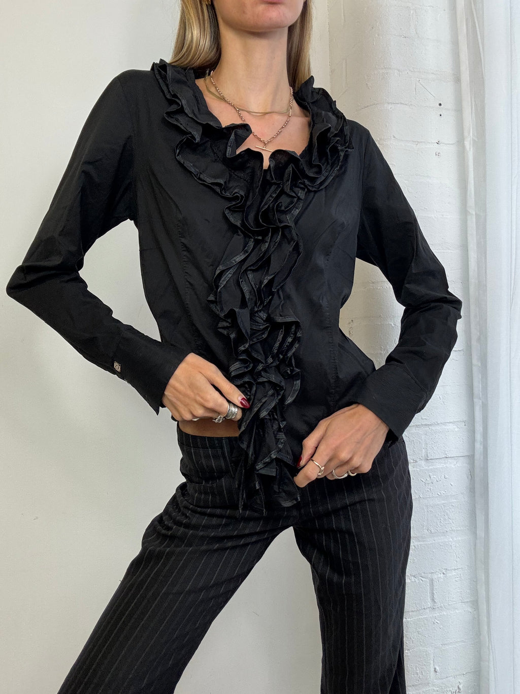 Vintage 90s black ruffle shirt