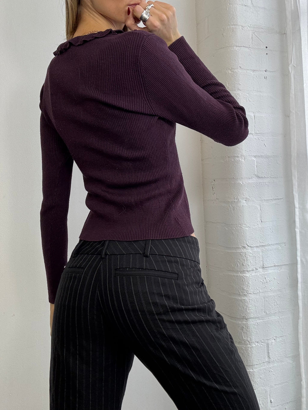 Vintage Y2K purple tie front ruffle cardigan beaded