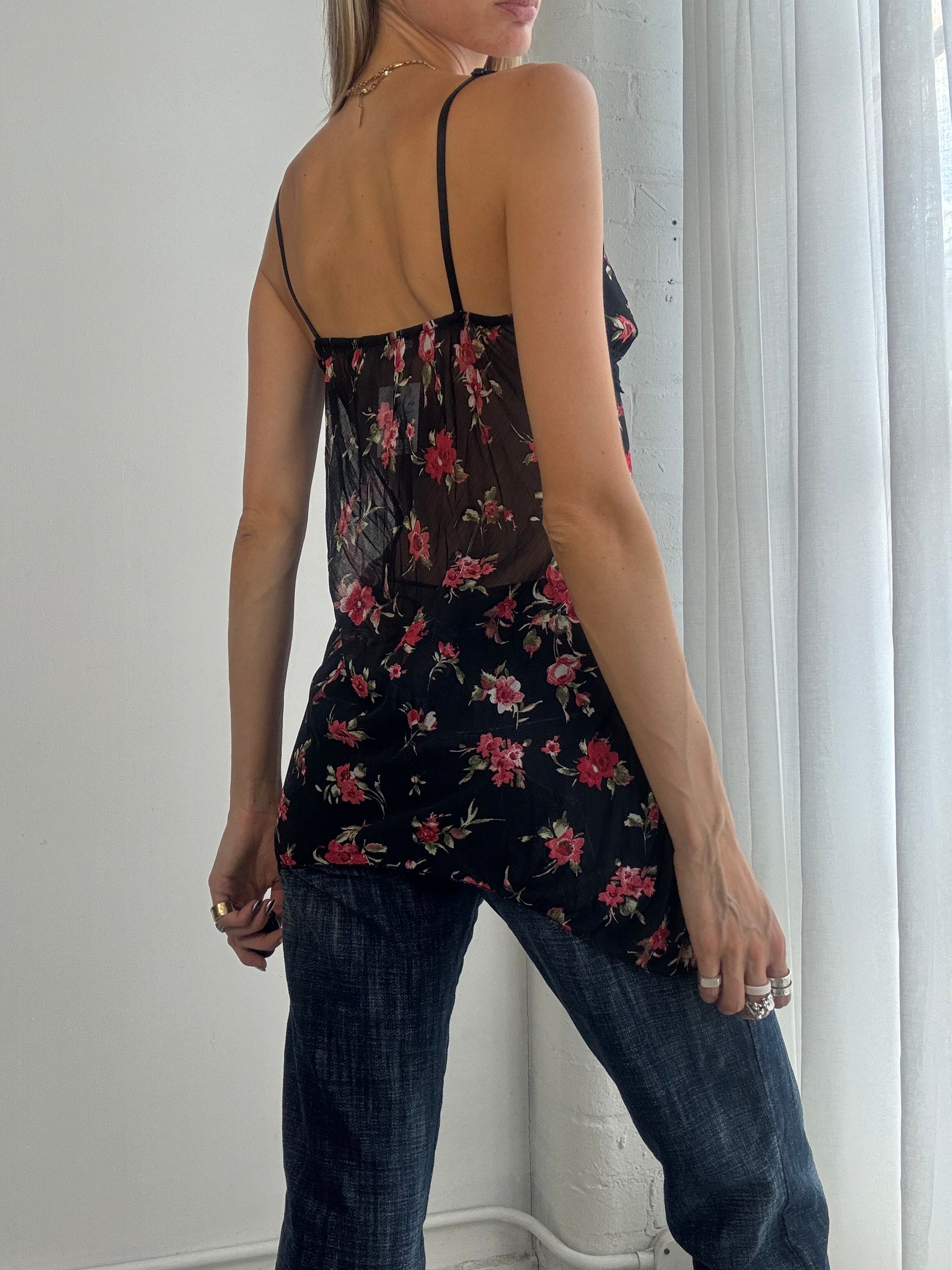 Vintage Y2K Black Floral Mesh Cami Top – Sheer Fairy Grunge Babydoll Top - Size S