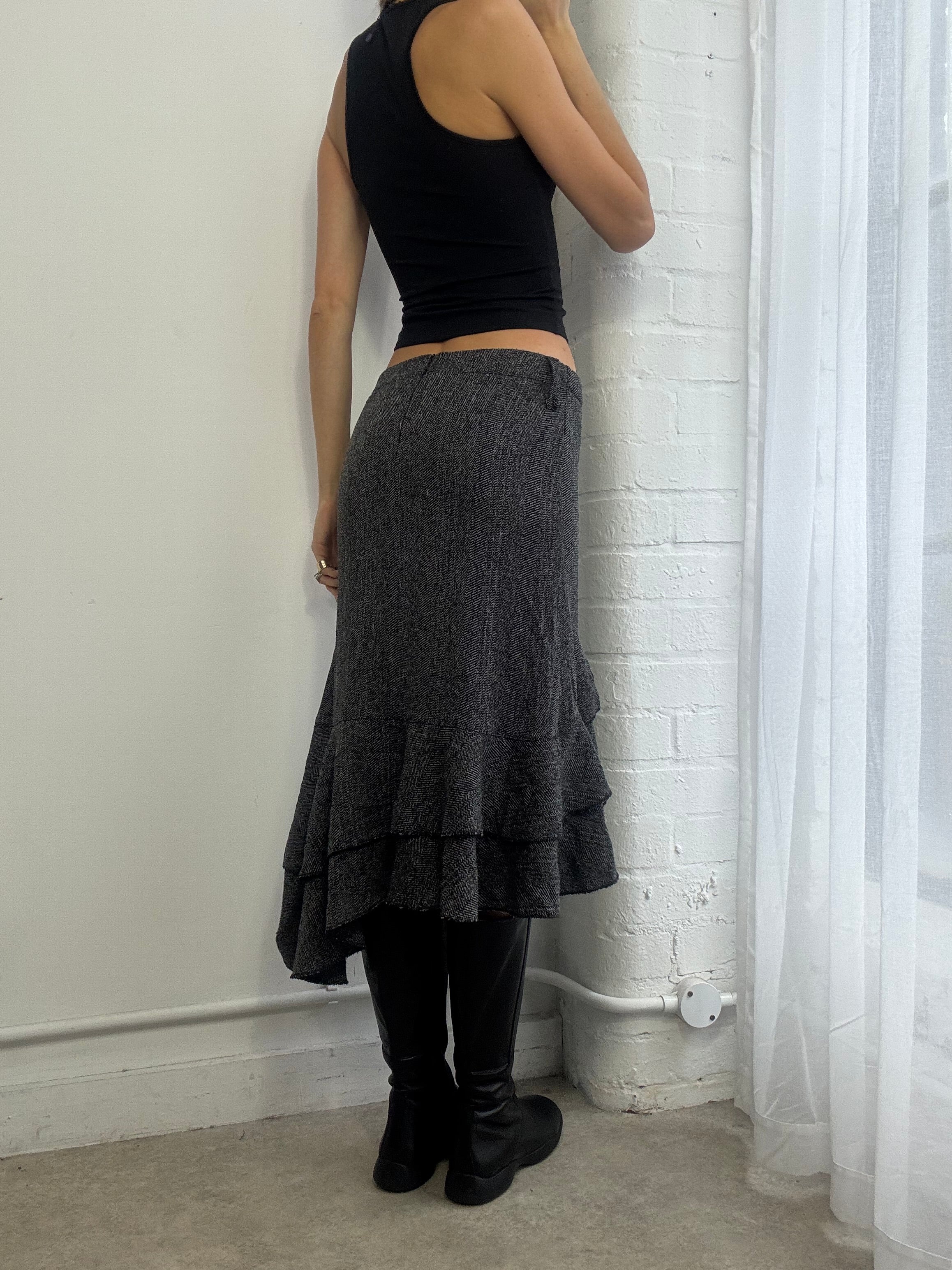 Vintage Y2K grey woven midi skirt ruffle office